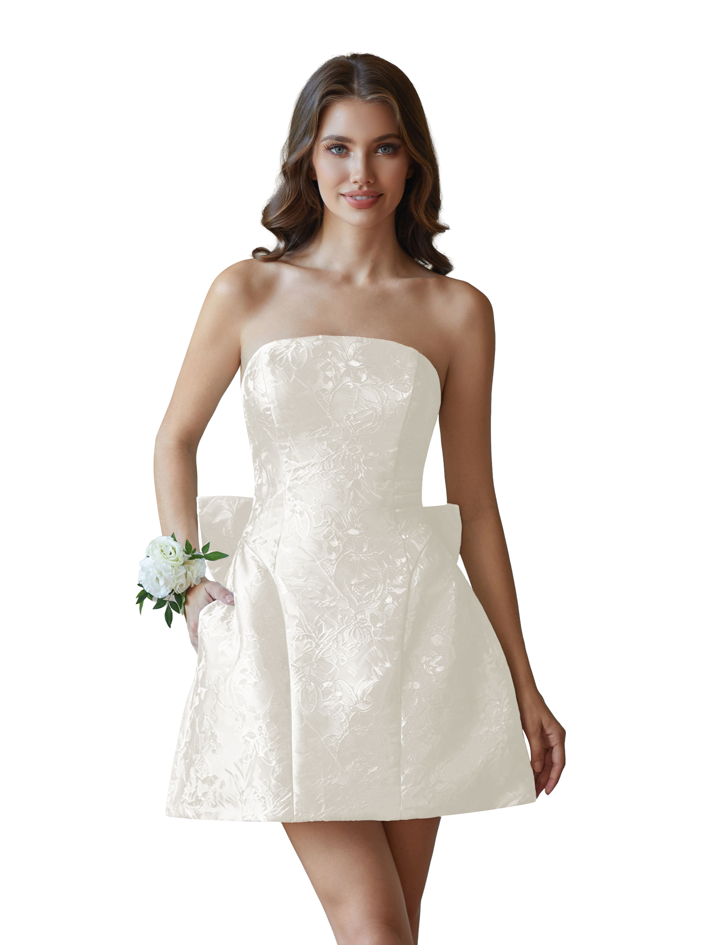 Jacquard Satin Mini Short Party Cocktail Prom Homecoming Dress with Bow Back #HC2401770