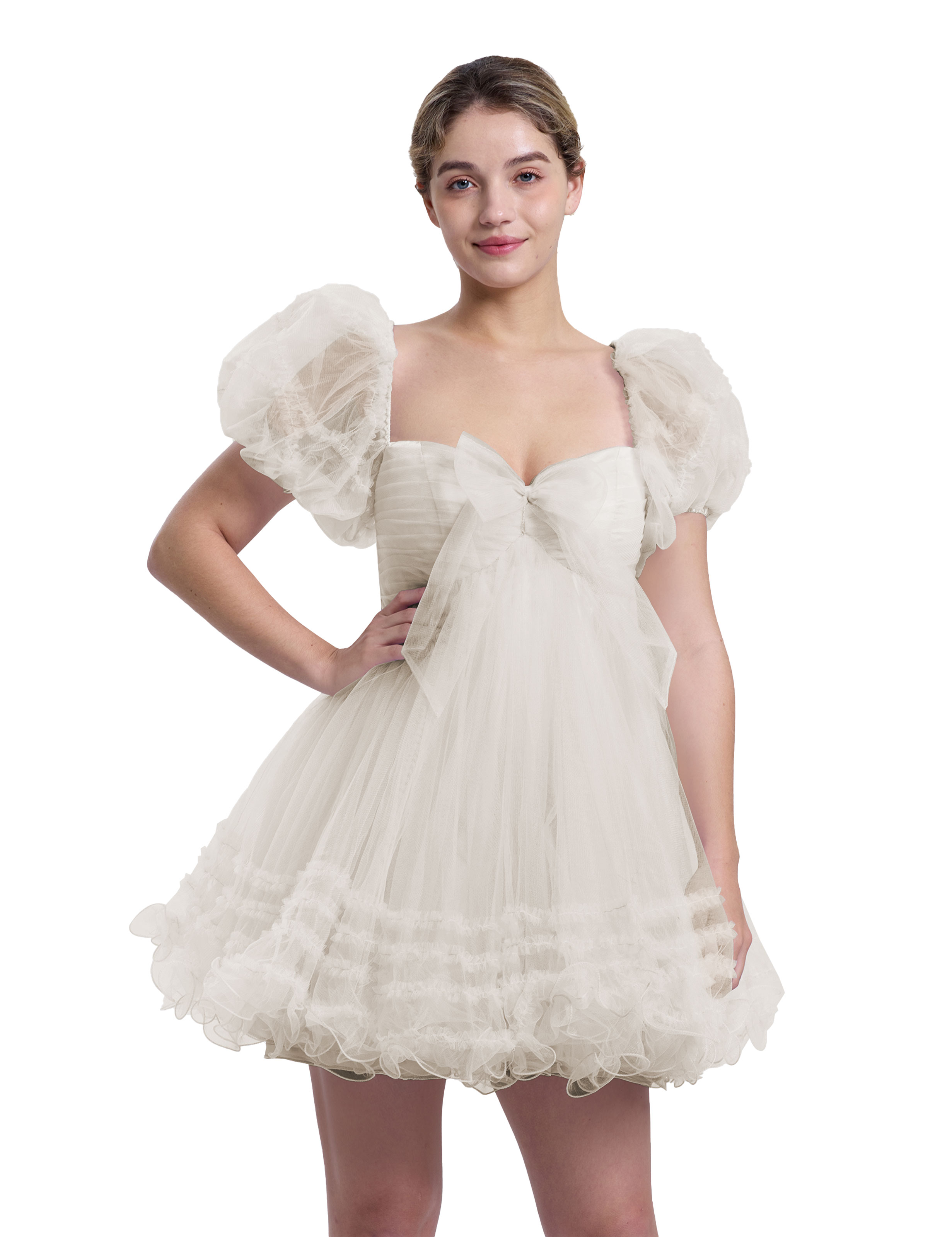 A-line Sweetheart Ruffles Tulle Puffy Sleeves Homecoming Dress #HC2401063