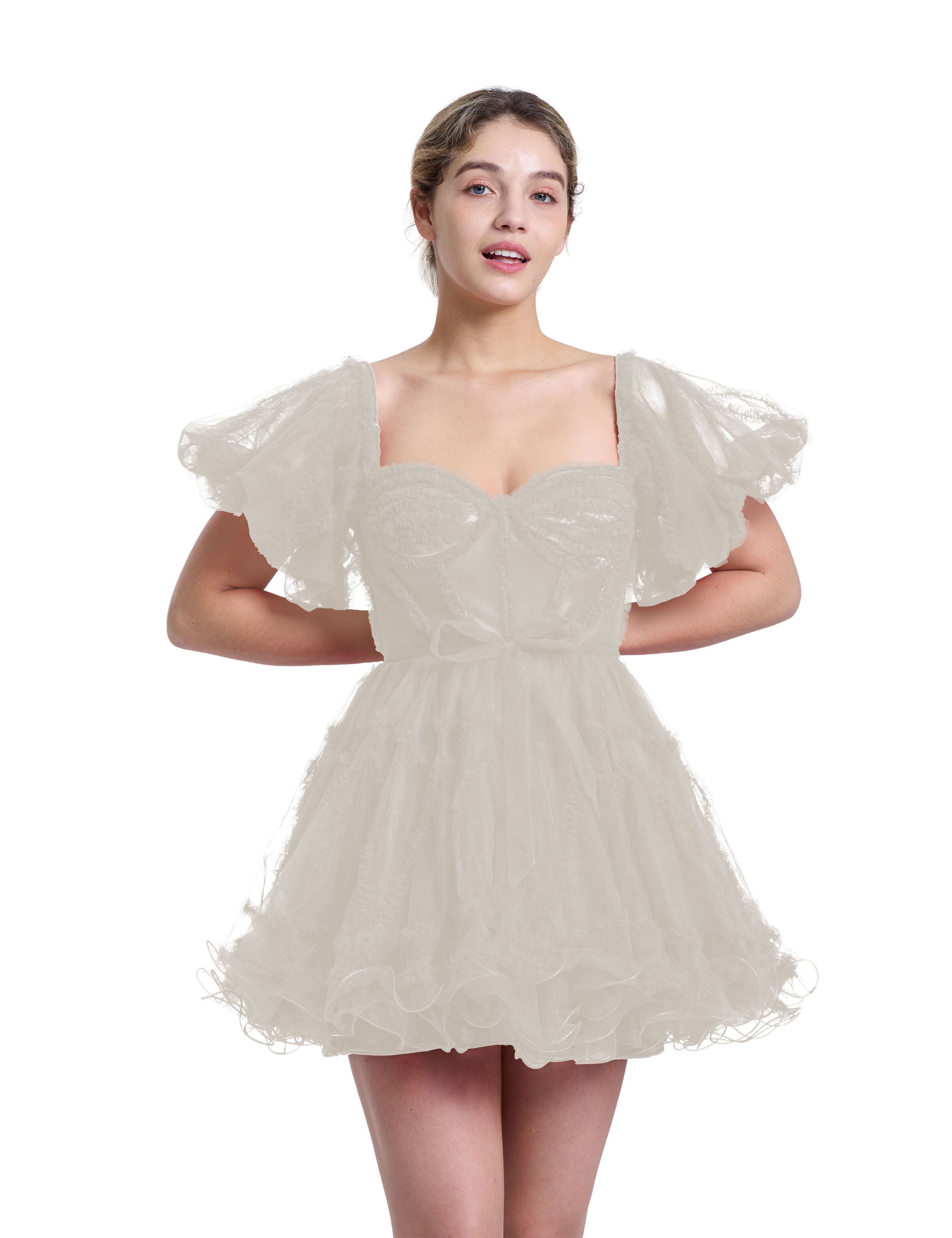 A-line Sweetheart Ruffles Tulle Puffy Sleeves Red Homecoming Dress #HC2401317
