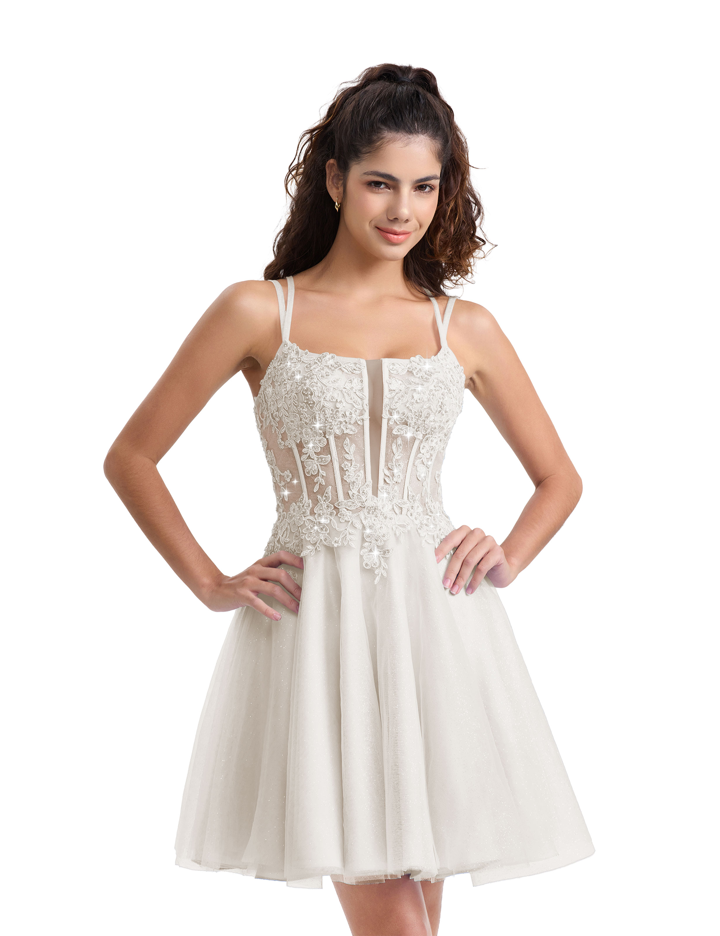 A-line Spaghetti Strap Tulle Lace Appliques Cocktail Homecoming Dress #HC2402129