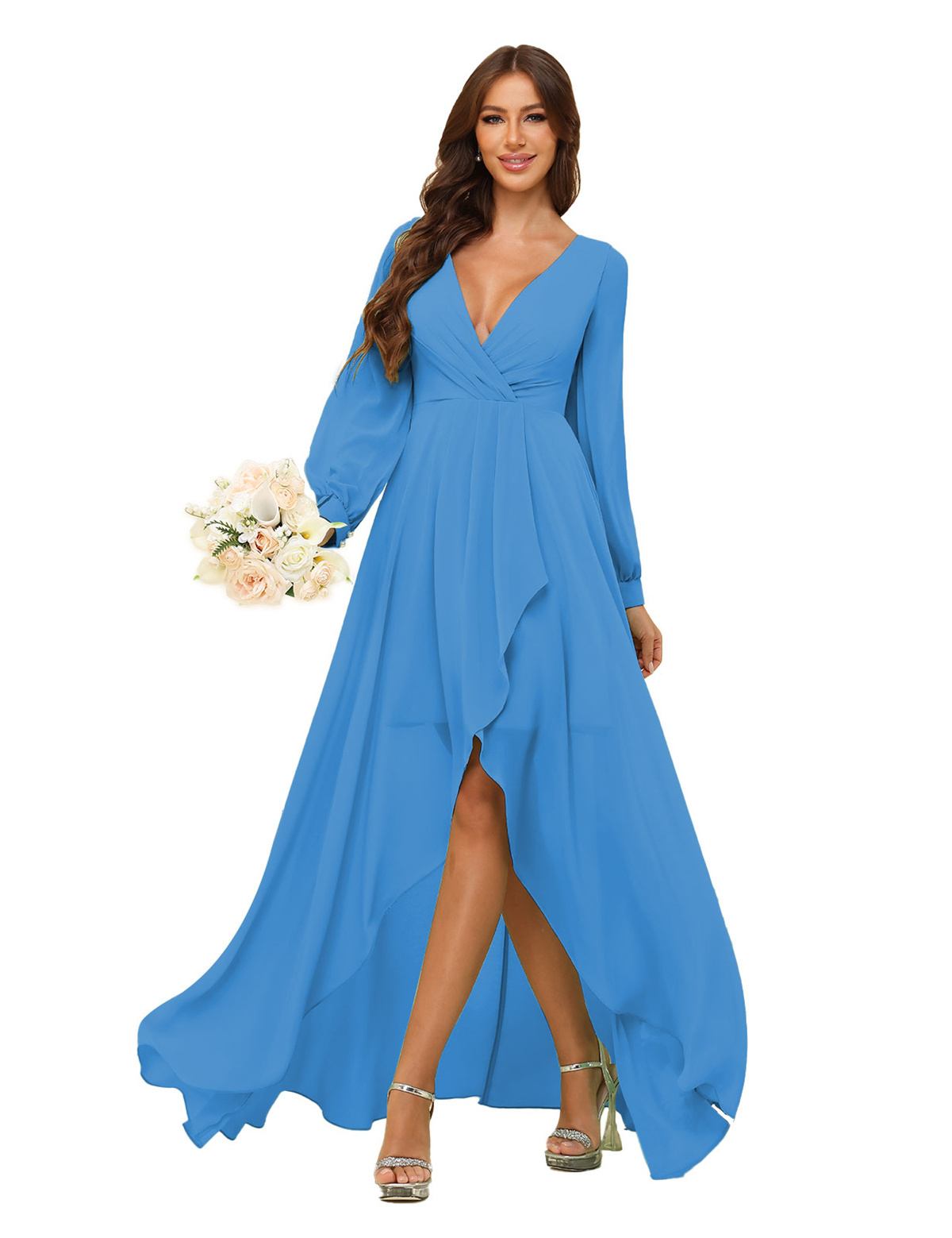 A-line Deep V-neck Chiffon Long Sleeves Bridesmaid Dress #BM2507136