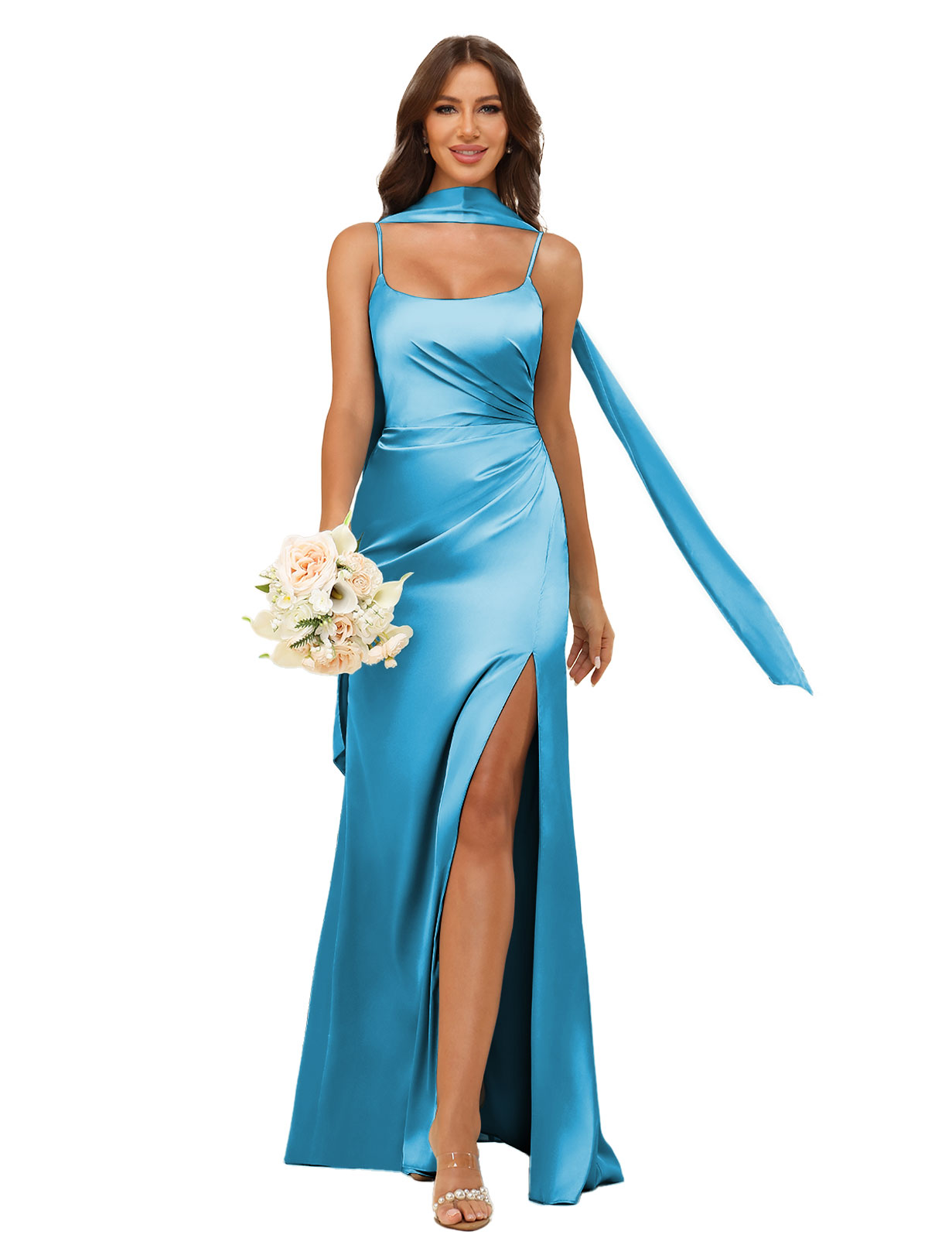 Mermaid U-neck Spaghetti Straps Satin Silt Bridesmaid Dress #BM2507145