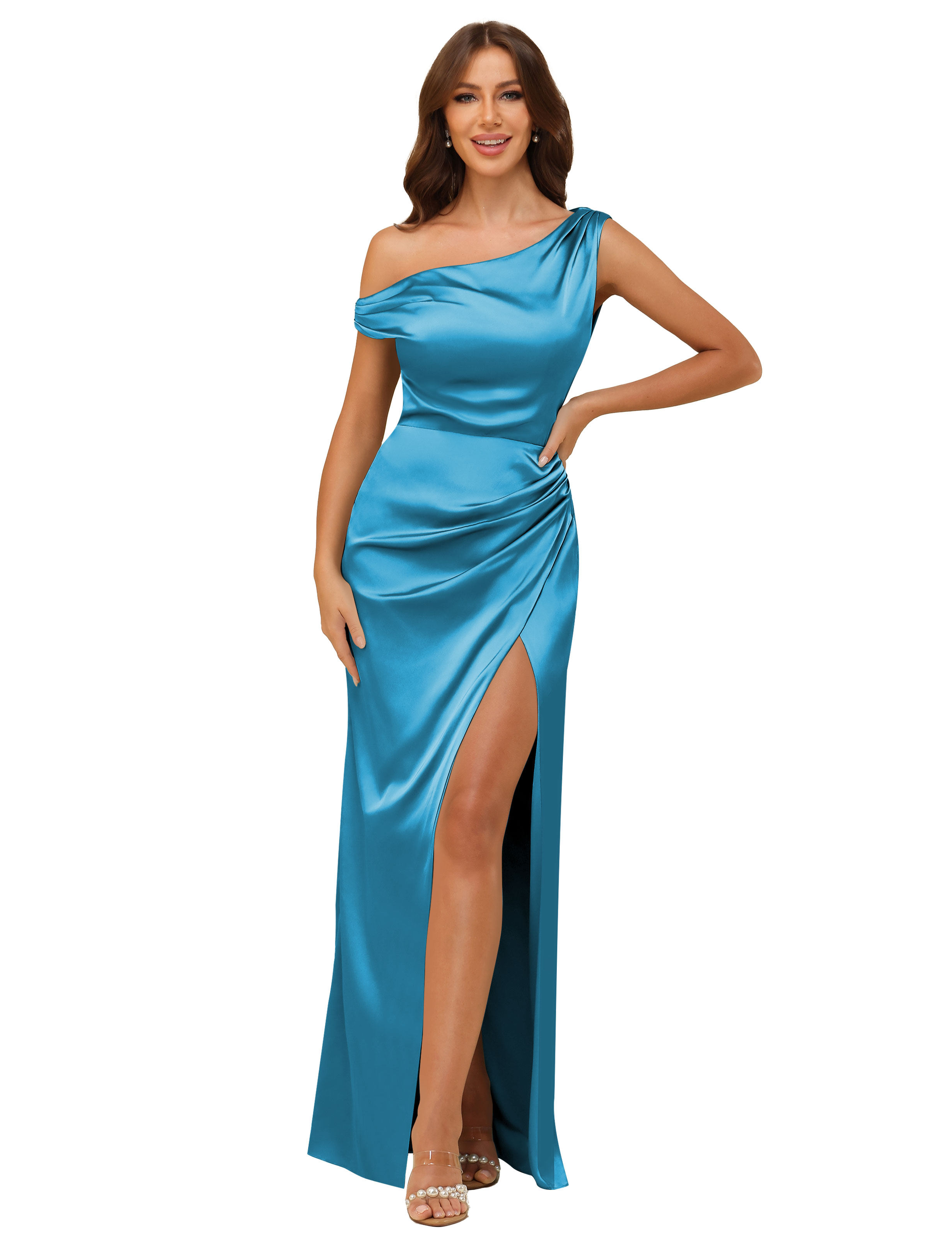 Sheath One Shoulder Satin Silt Side Zip Bridesmaid Dress #BM2507059