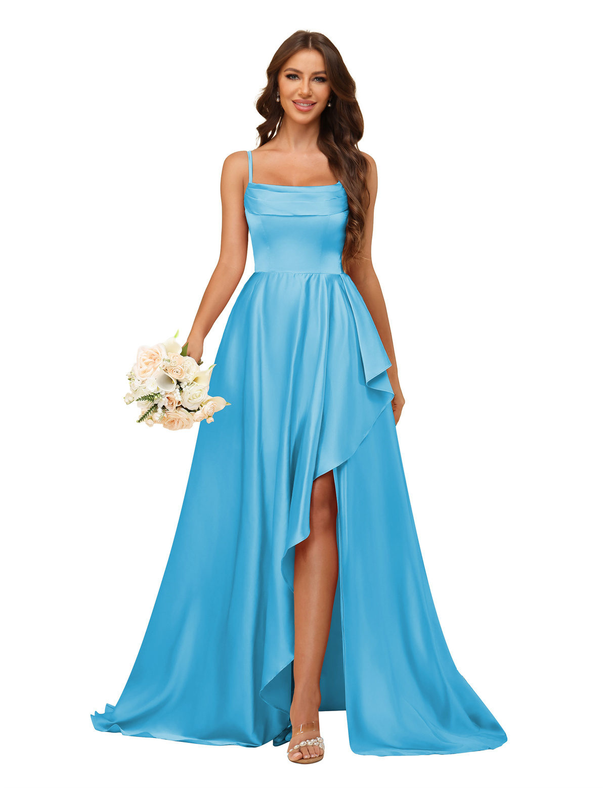 A-line U-neck Spaghetti Straps Satin Silt Bridesmaid Dress #BM2507213