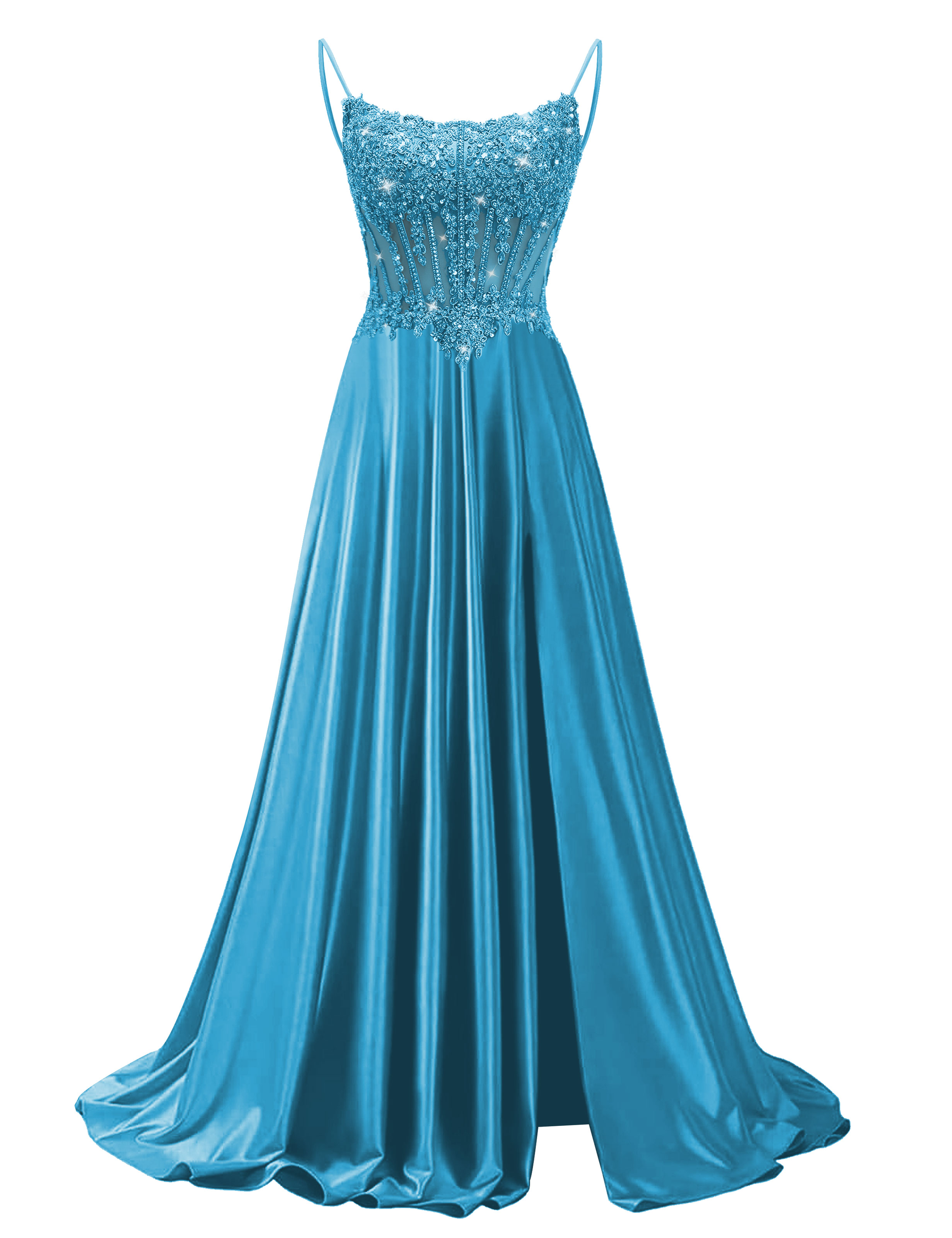 Mermaid Spaghetti Straps Satin Beaded Sequin Pleated Slit Prom Dress #PR2510011