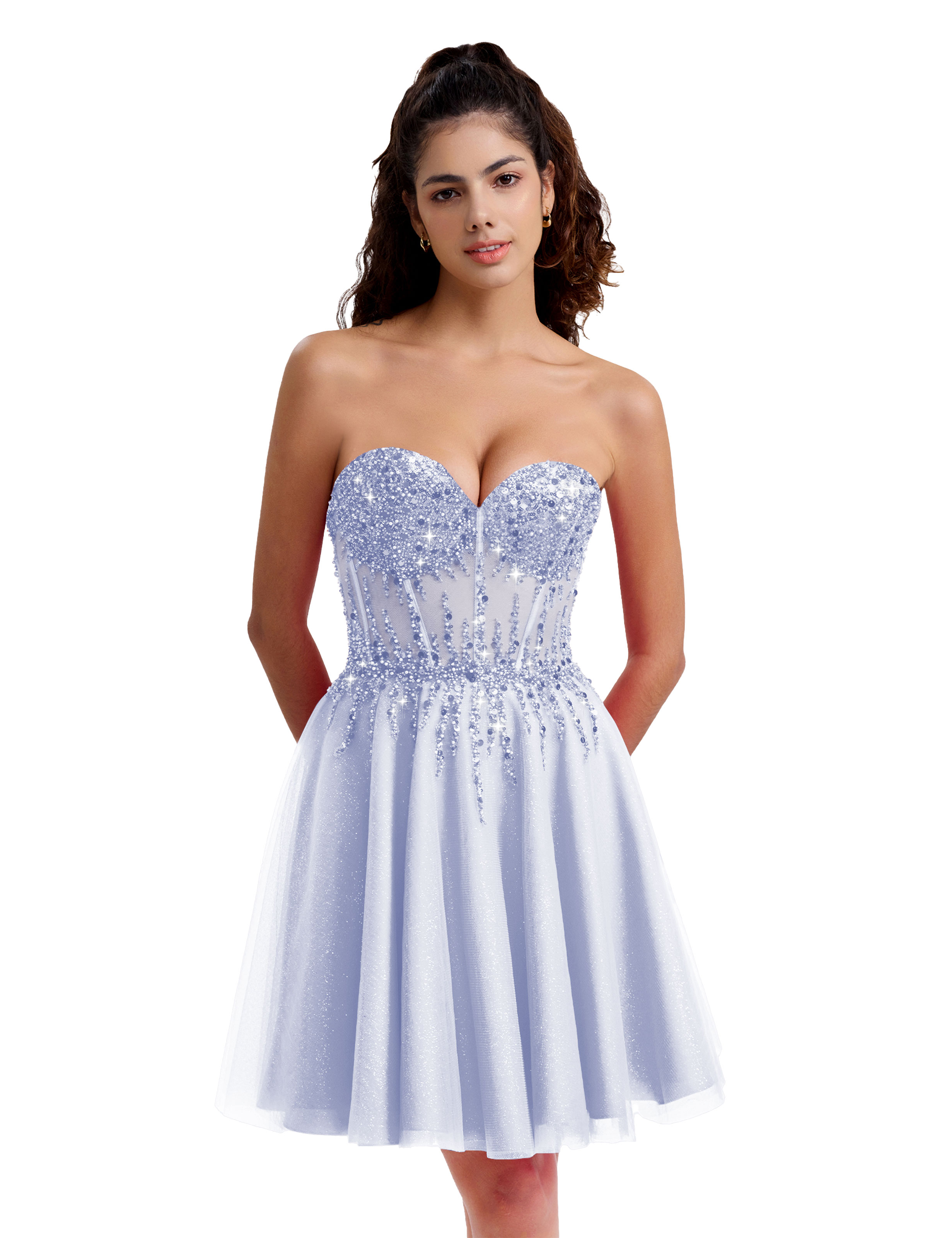 Sparkly A-line Sweetheart Tulle Beaded Party Homecoming Dress #HC2402135