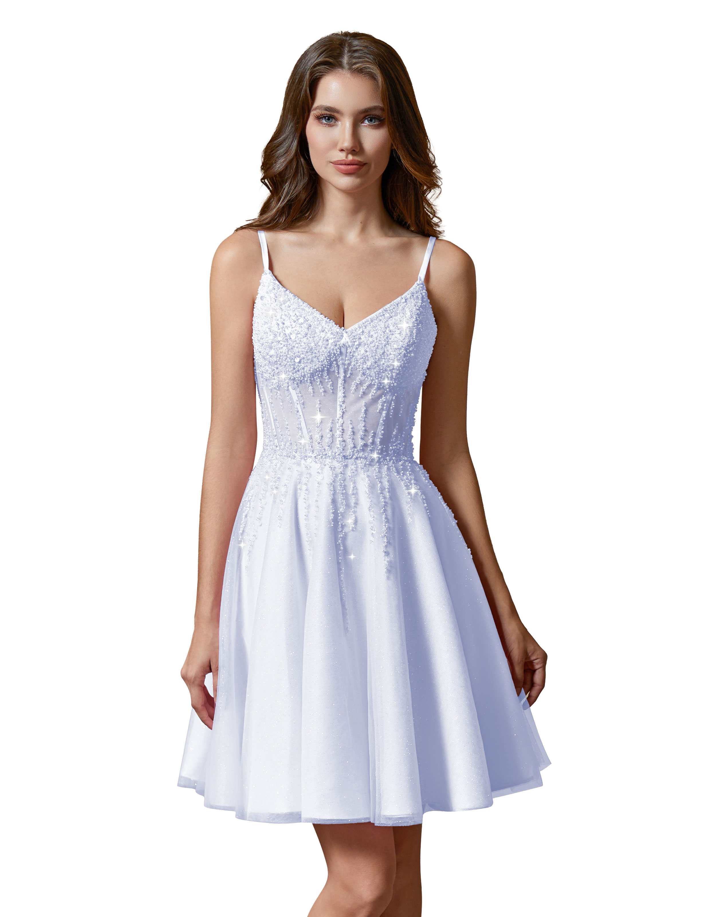 A-line V-Neck Sparkly Tulle Lace Appliques Homecoming Dress #HC2401738