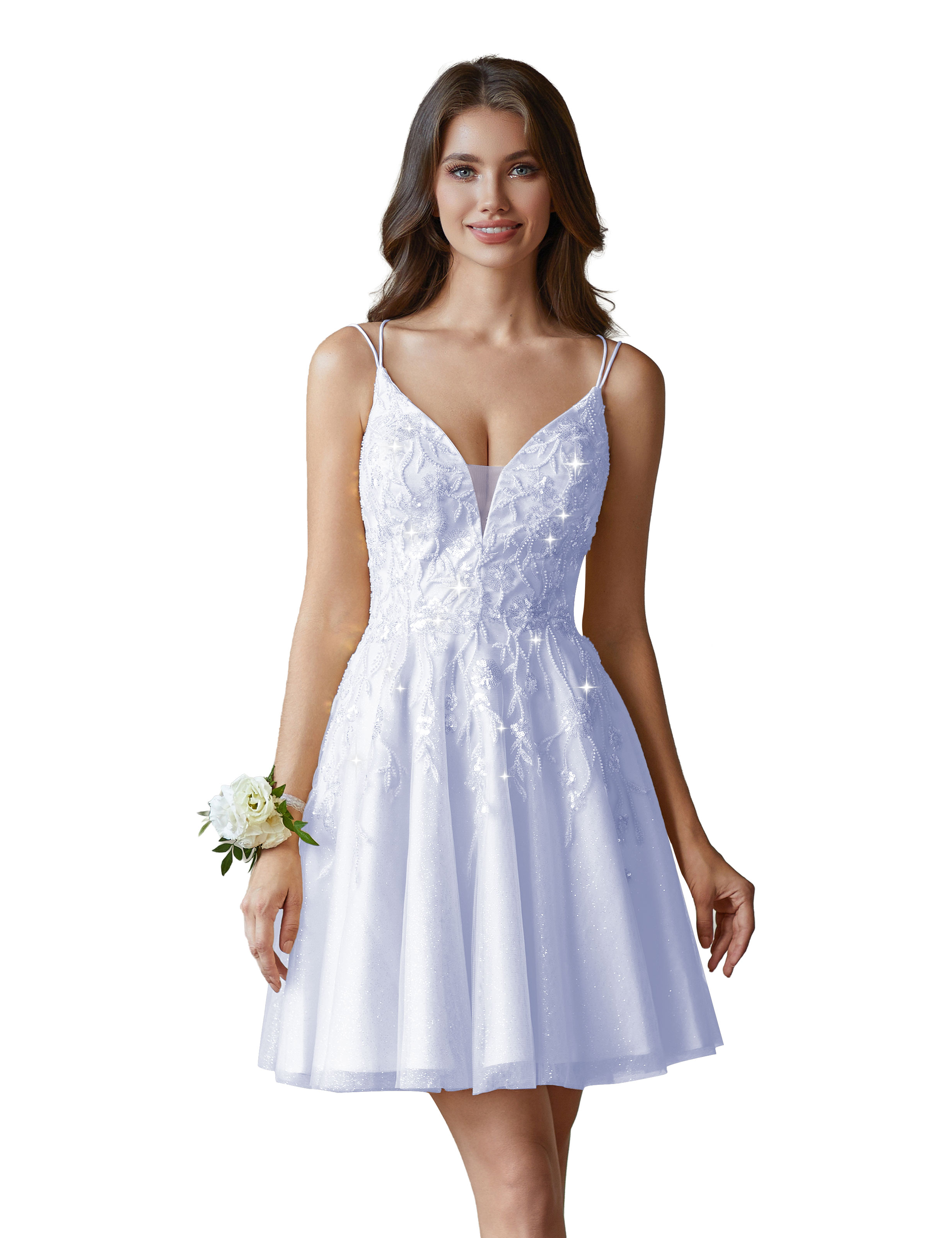 A-line V-Neck Tulle Beaded Lace Appliques Cocktail Homecoming Dress #HC2402602