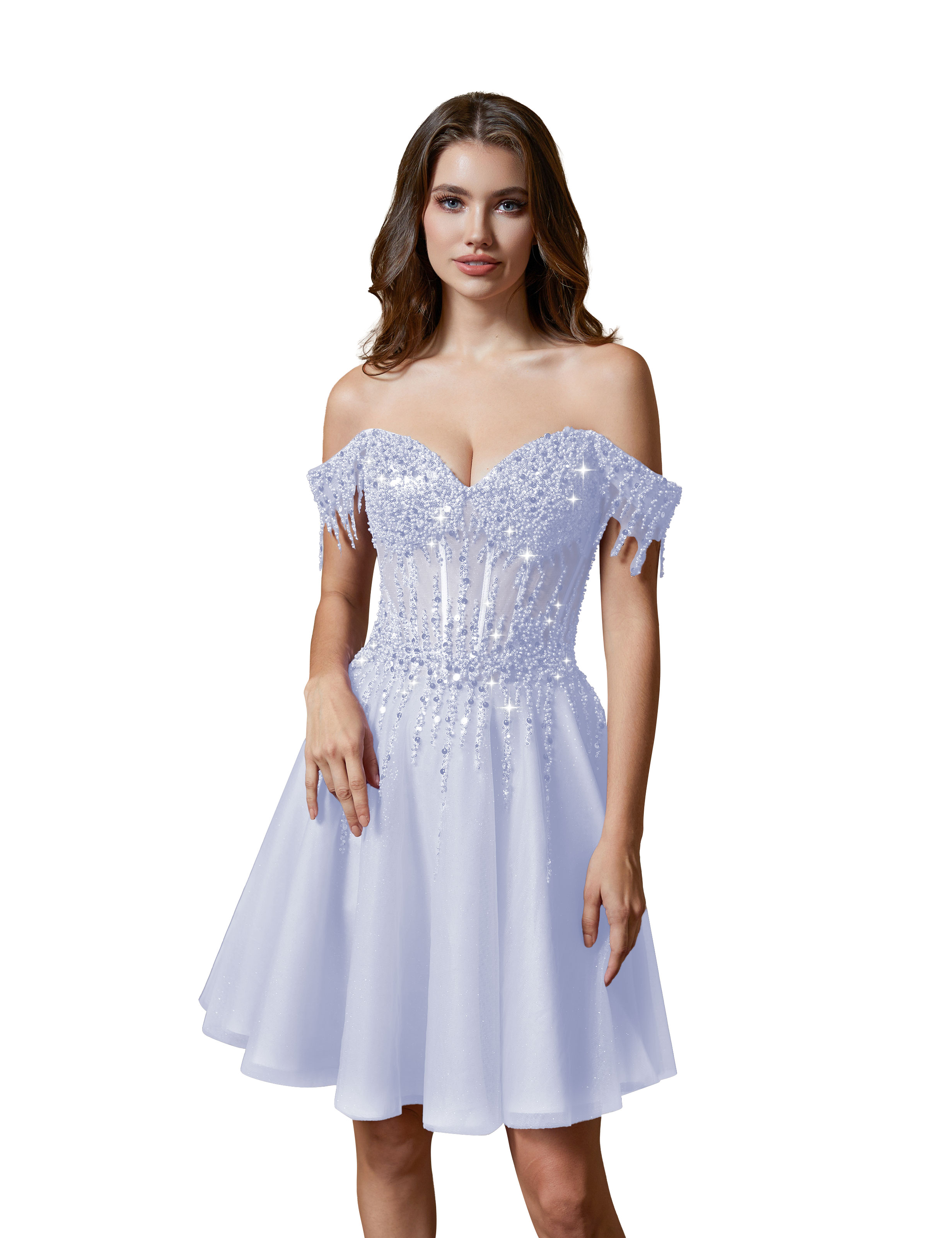 A-line Off Shoulder Lace Appliques Sparkly Sequin Tulle Homecoming Dress #HC2401169