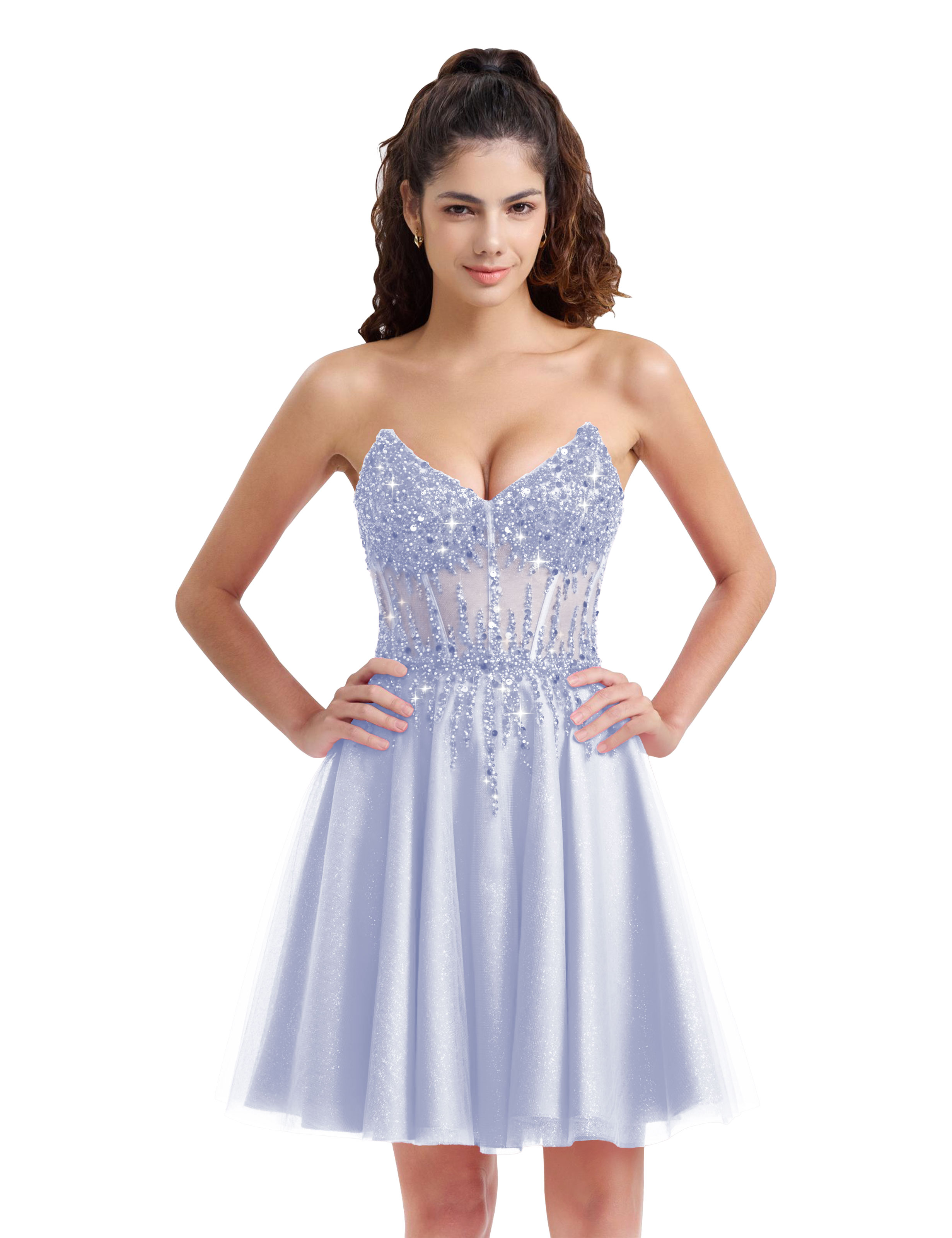 Sparkly A-line V-Neck Tulle Strapless Beaded Homecoming Dress #HC2402127