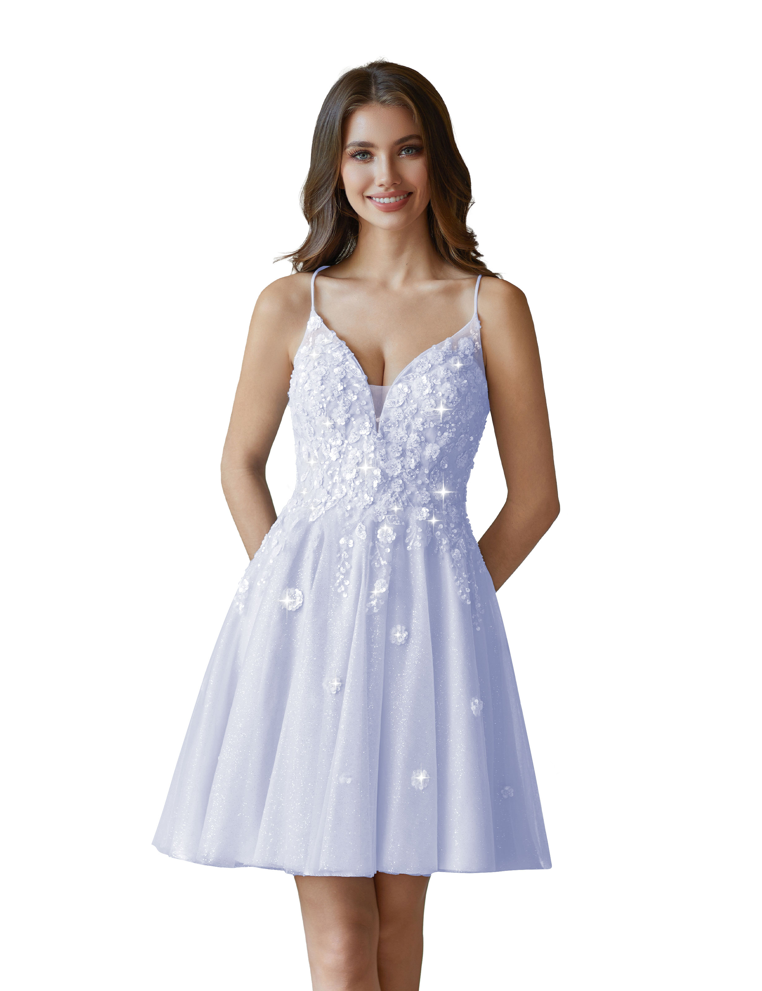V-Neck Sspaghetti Strap Sparkly Lace Sequin Short Tulle Homecoming Dress #HC2604021