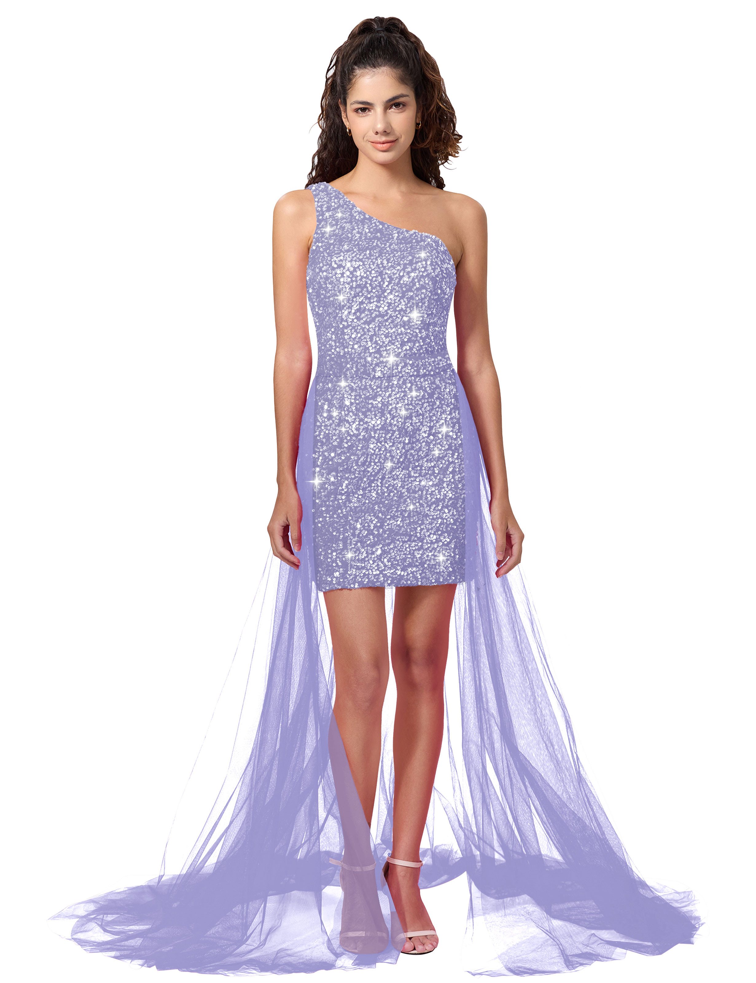 Sparkly One Shoulder Sequin Detachable Waist Cape Homecoming Dress #HC2402126