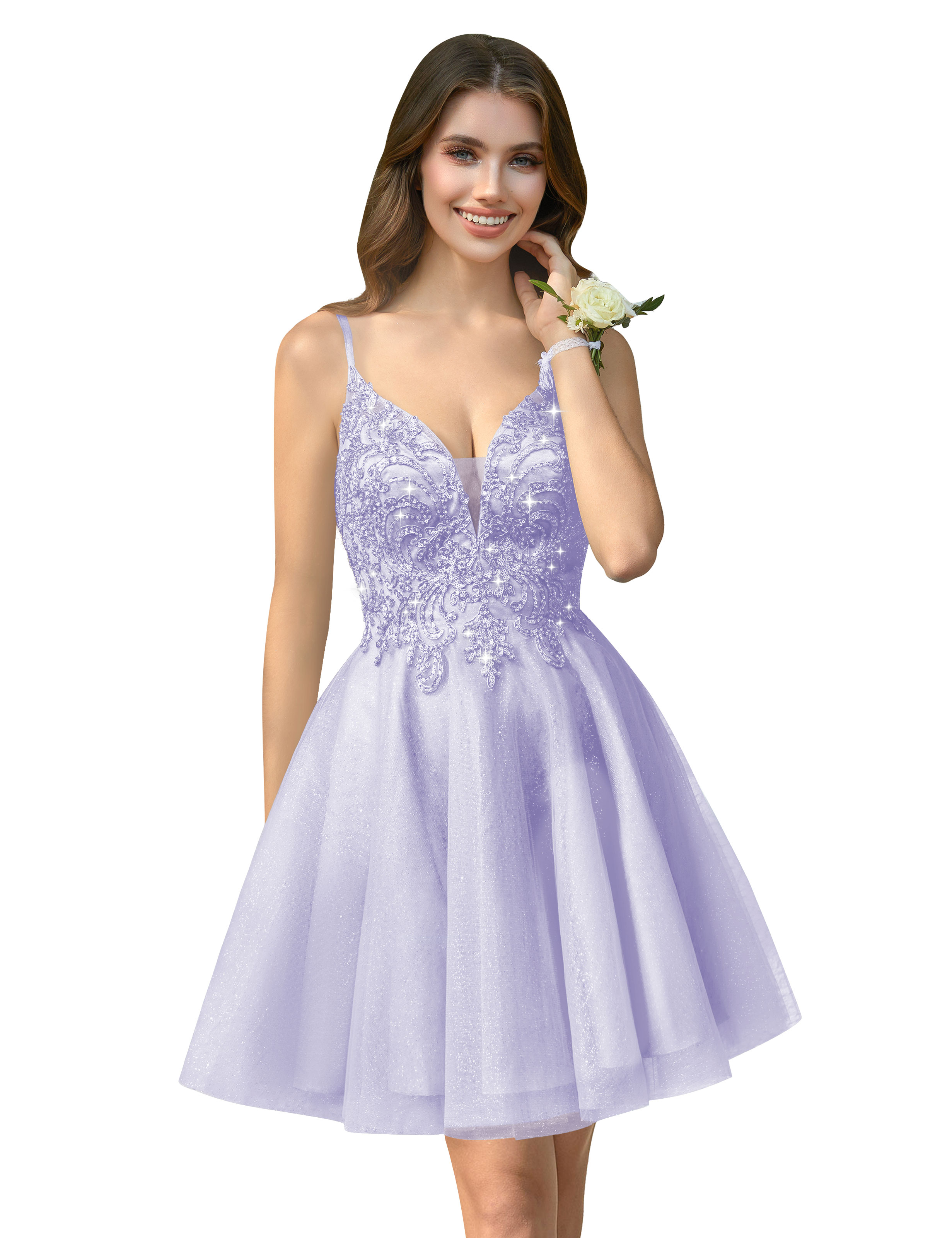 A-line V-neck Spaghetti Strap Sparkly Beaded Tulle Homecoming Dress #HC2401940