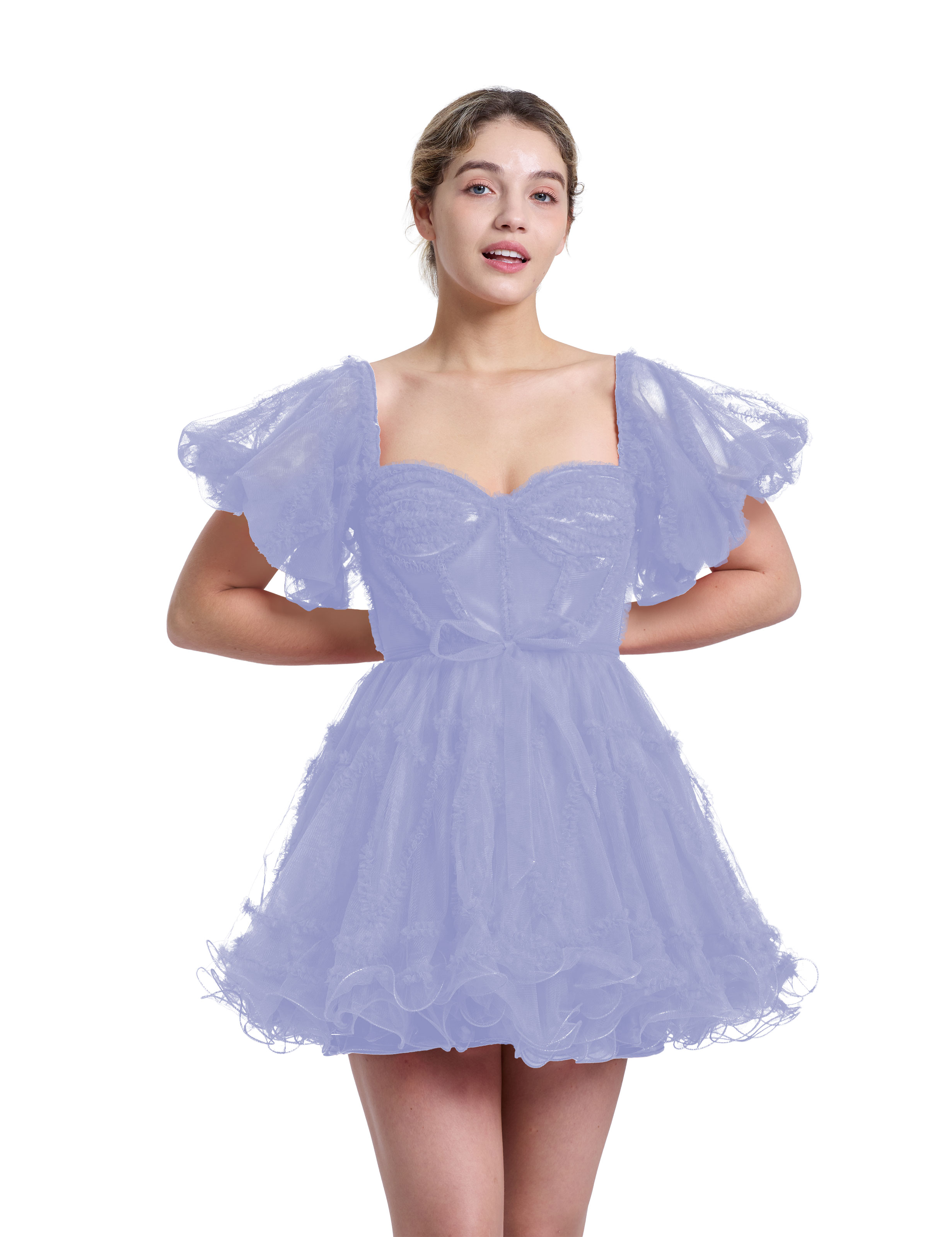 A-line Sweetheart Ruffles Tulle Puffy Sleeves Red Homecoming Dress #HC2401317