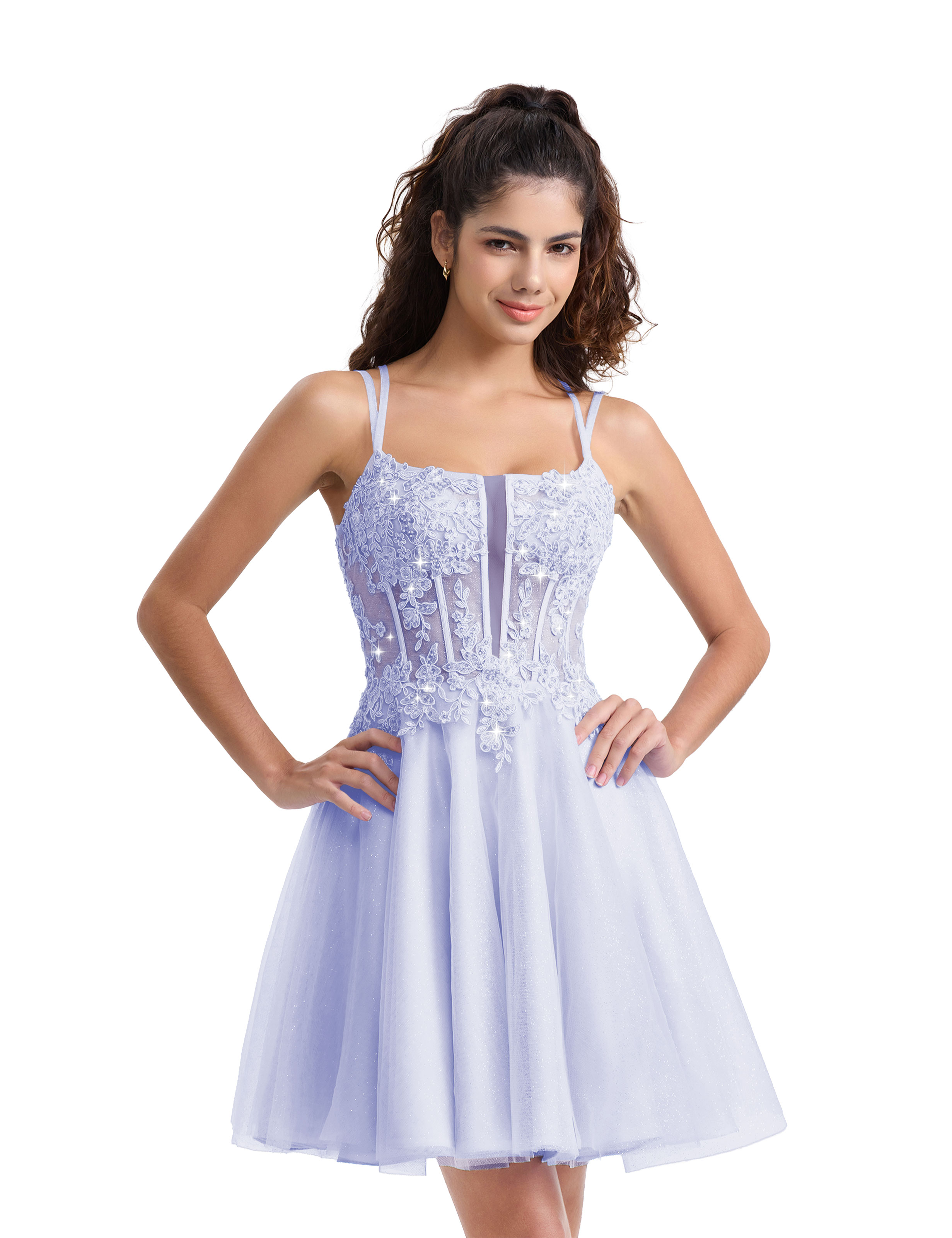 A-line Spaghetti Strap Tulle Lace Appliques Cocktail Homecoming Dress #HC2402129