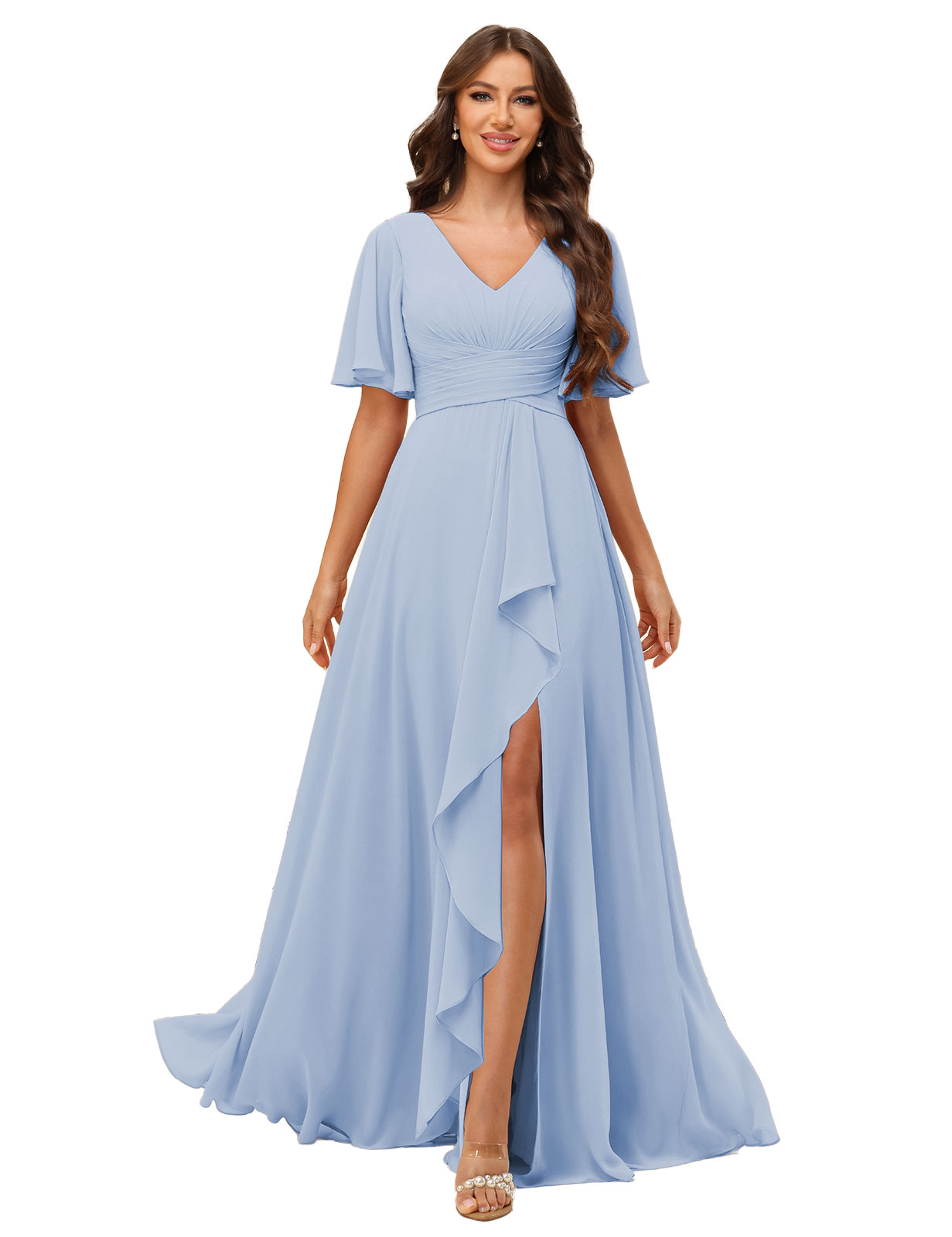 A-line V-neck Short Sleeves Chiffon Silt Bridesmaid Dress #BM2507137