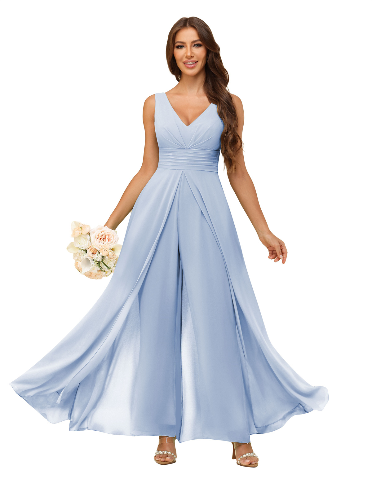 A-line V-neck Chiffon Straps V-back Bridesmaid Dress #PR2507216