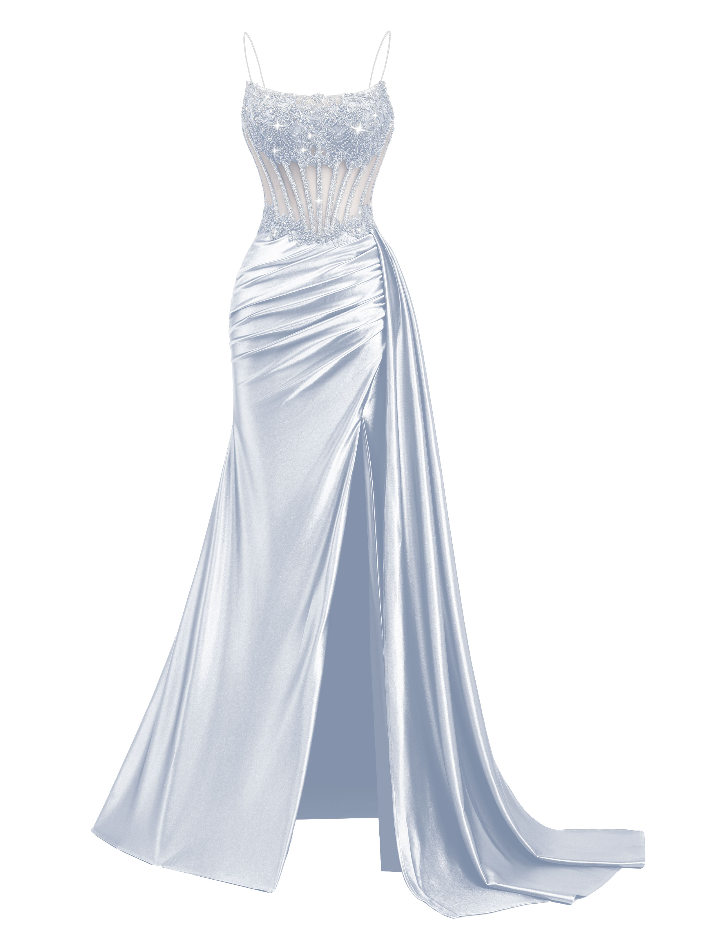 Mermaid Spaghetti Straps Pleated Satin Beaded Slit Prom Dress #PR2510011