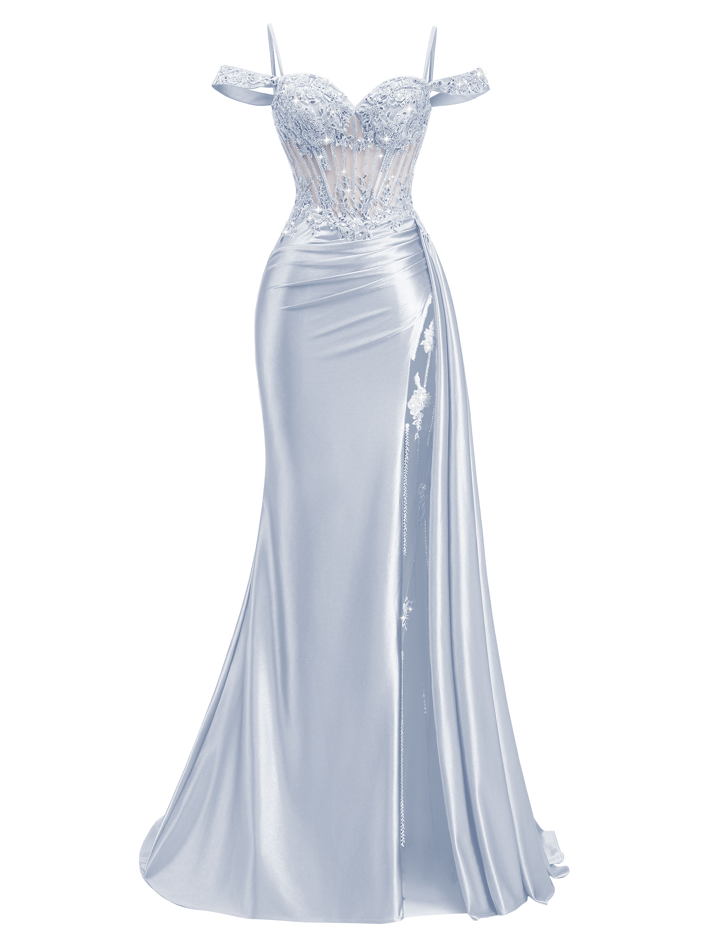 Mermaid Off Shoulder Beaded Sequin Appliques Satin Slit Prom Dress #PR2510009