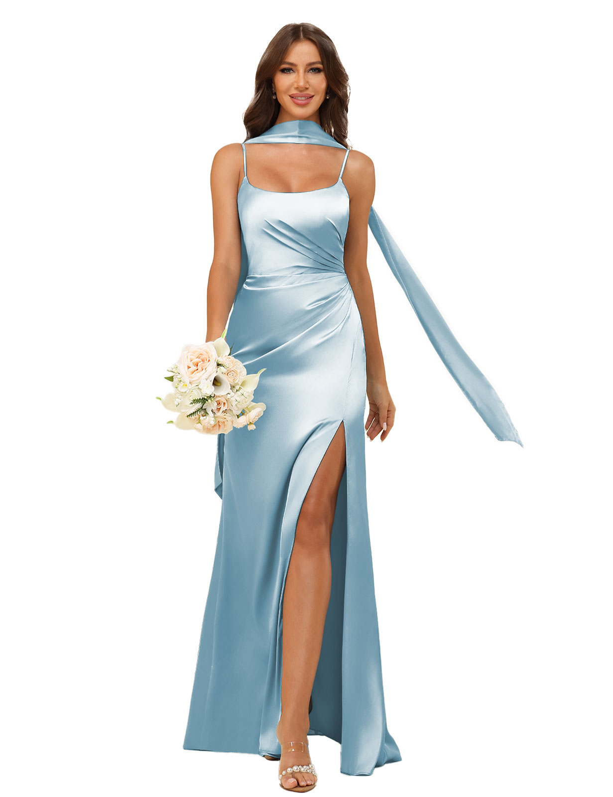Mermaid U-neck Spaghetti Straps Satin Silt Bridesmaid Dress #BM2507145