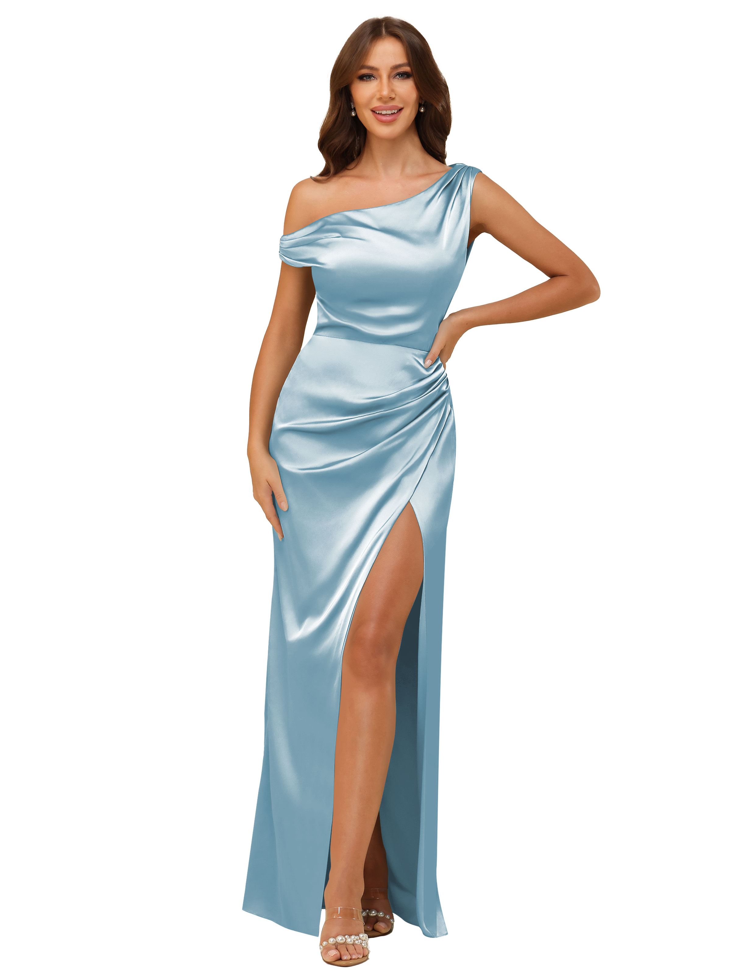 Sheath One Shoulder Satin Silt Side Zip Bridesmaid Dress #BM2507059