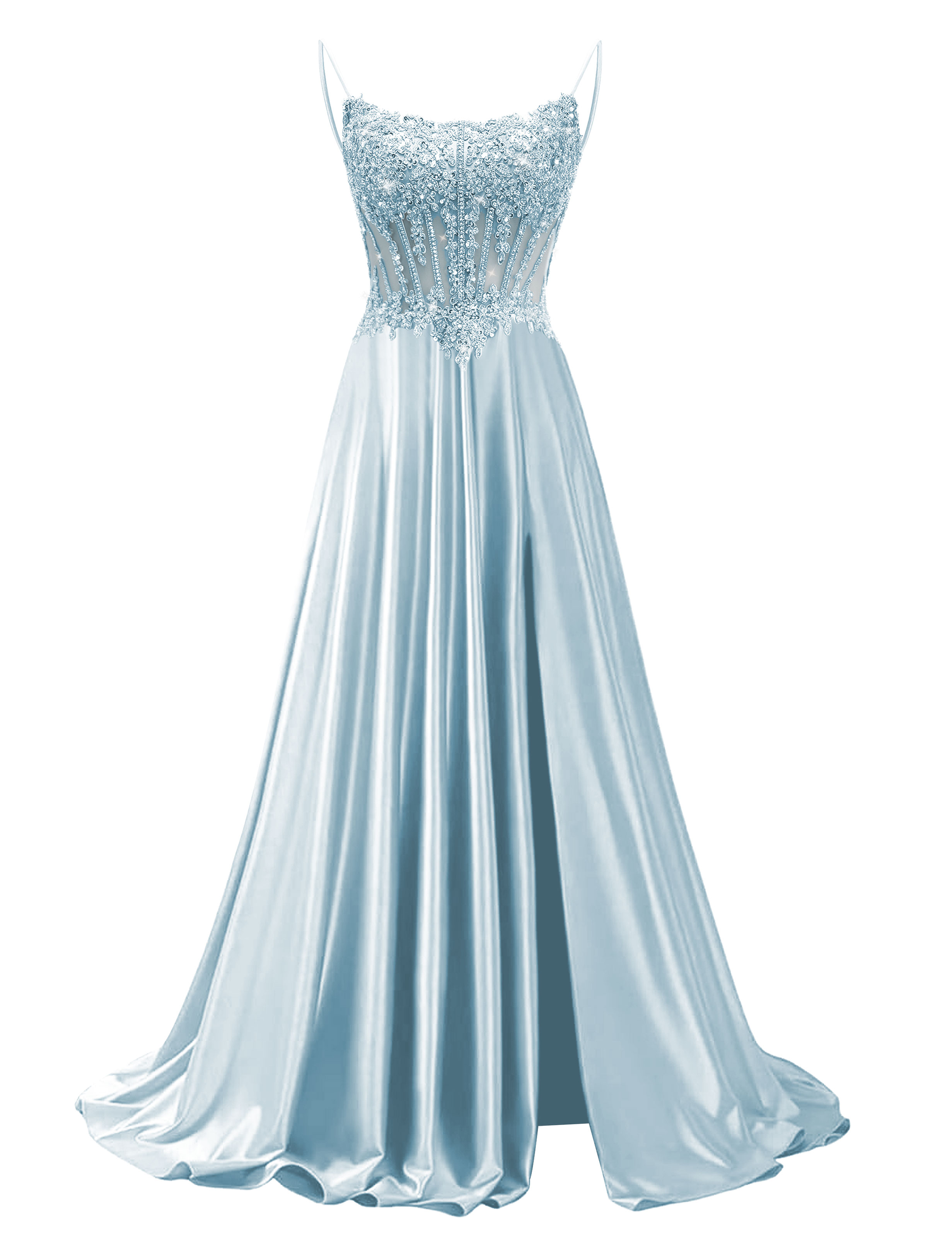 Mermaid Spaghetti Straps Satin Beaded Sequin Pleated Slit Prom Dress #PR2510011