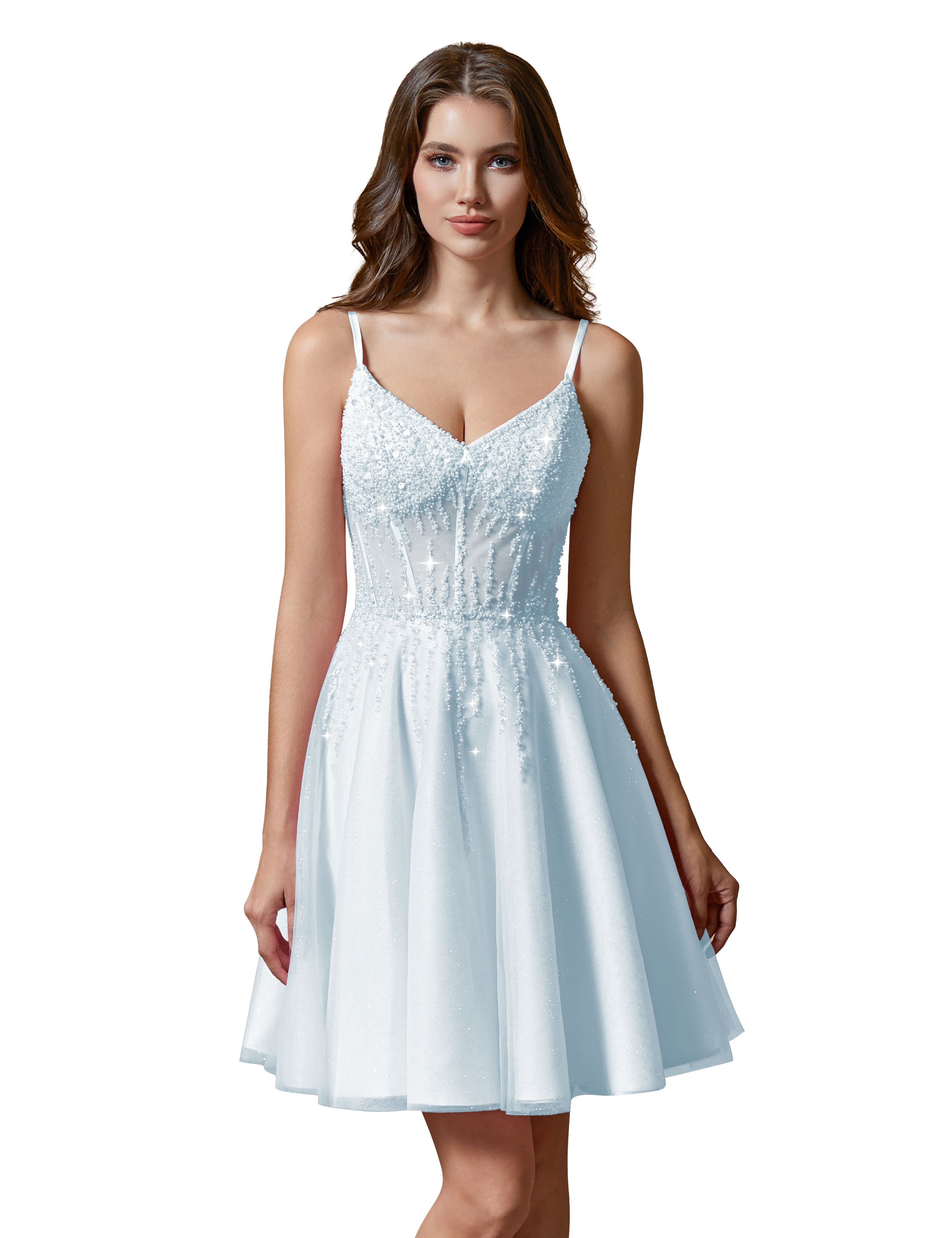 A-line V-Neck Sparkly Tulle Lace Appliques Homecoming Dress #HC2401738