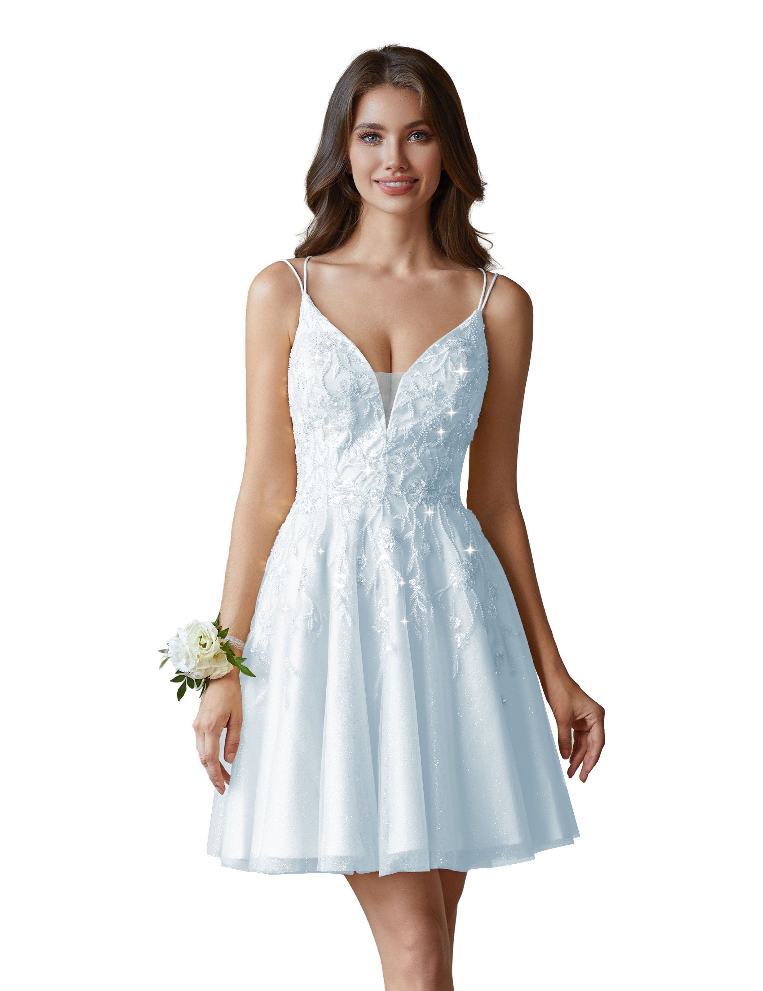 A-line V-Neck Tulle Beaded Lace Appliques Cocktail Homecoming Dress #HC2402602