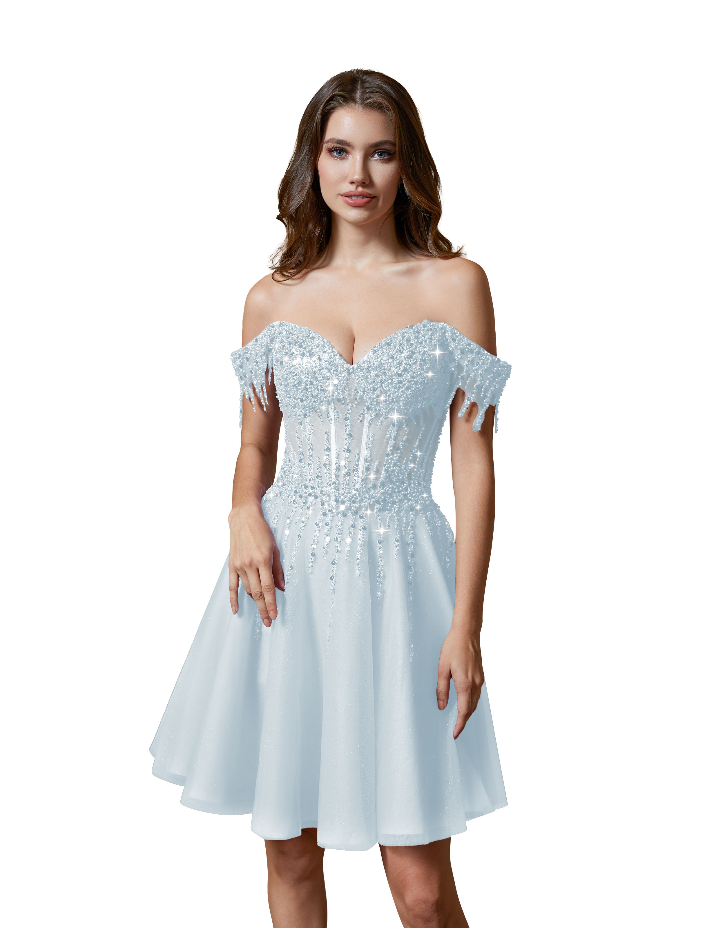A-line Off Shoulder Lace Appliques Sparkly Sequin Tulle Homecoming Dress #HC2401169