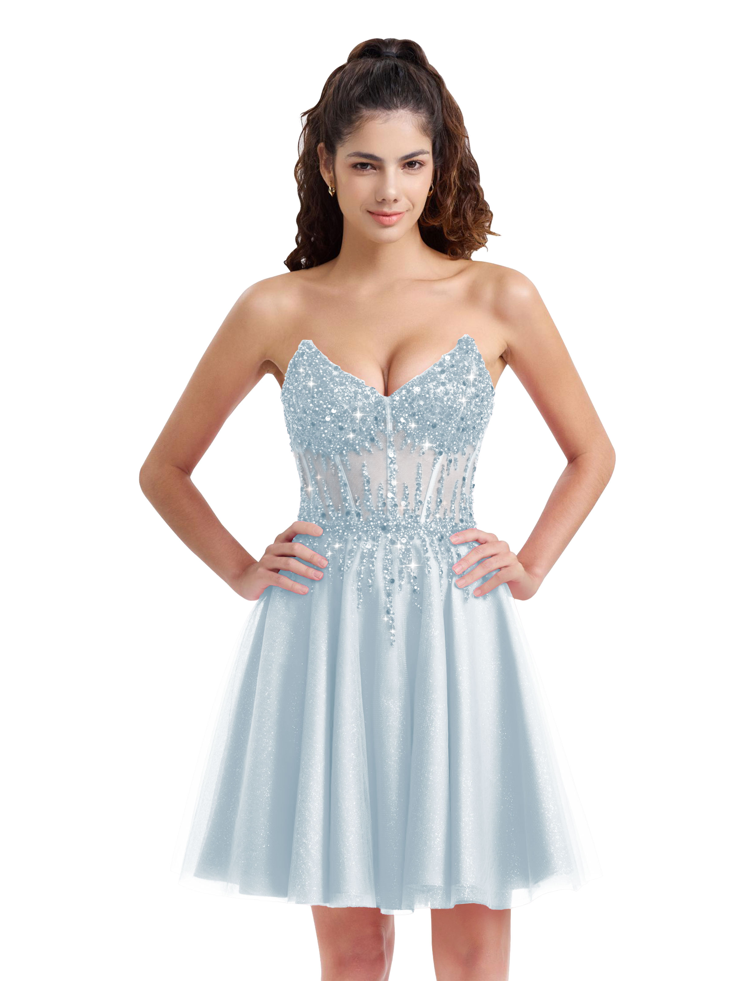 Sparkly A-line V-Neck Tulle Strapless Beaded Homecoming Dress #HC2402127