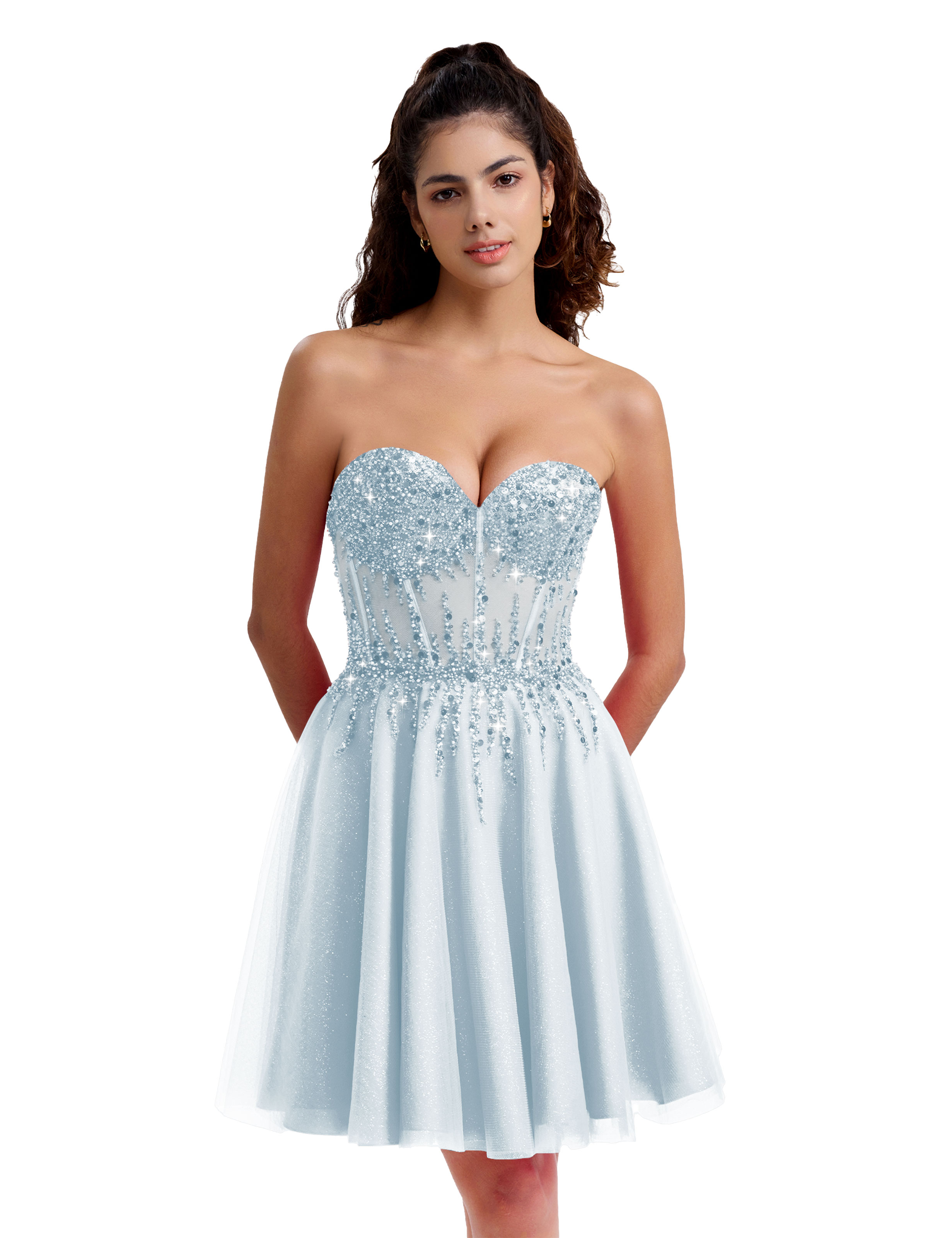 Sparkly A-line Sweetheart Tulle Beaded Party Homecoming Dress #HC2402135