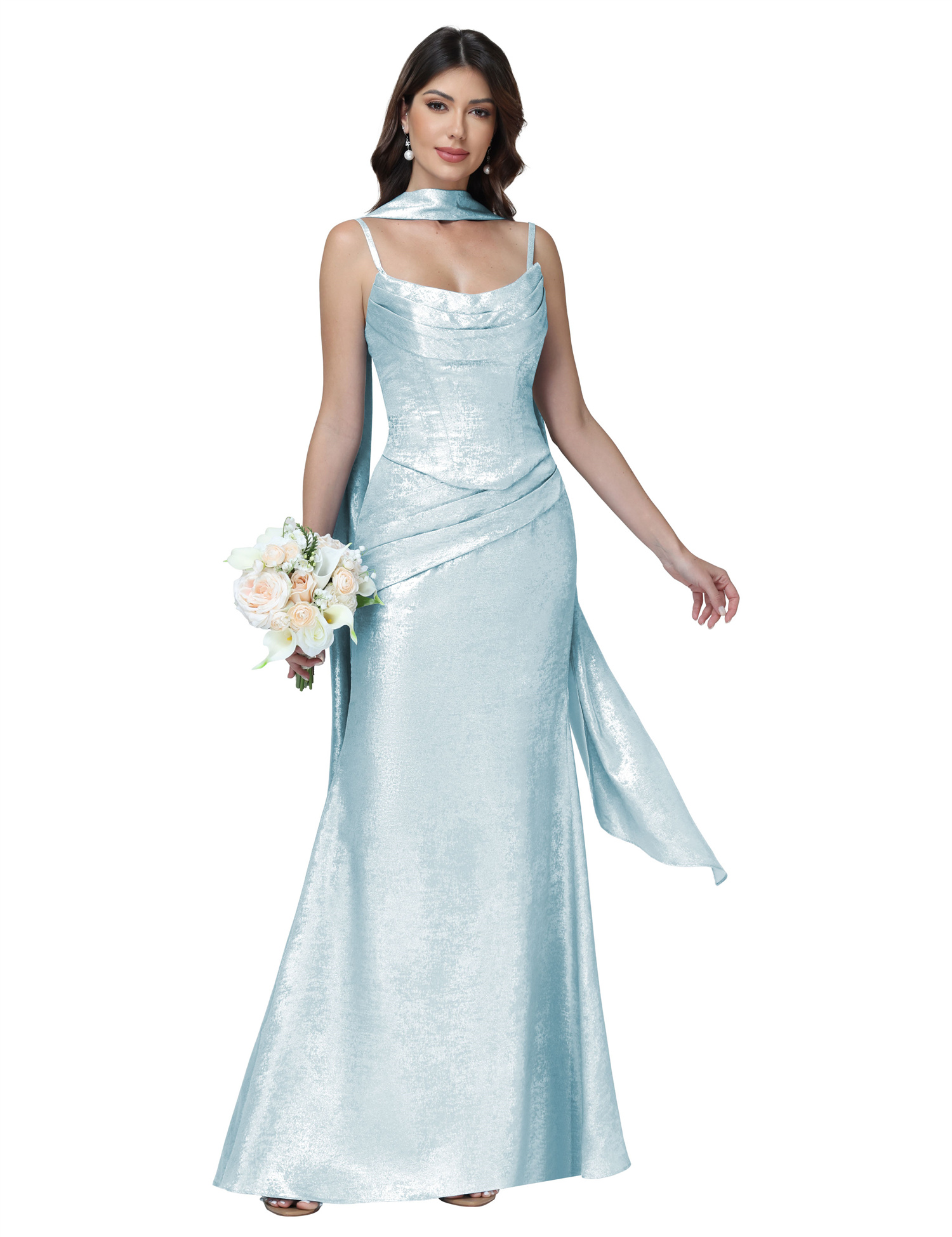 Mermaid Spaghttei Straps Prom Dress 2 Pieces Bridesmaid Dress with Scarf #BM2512054
