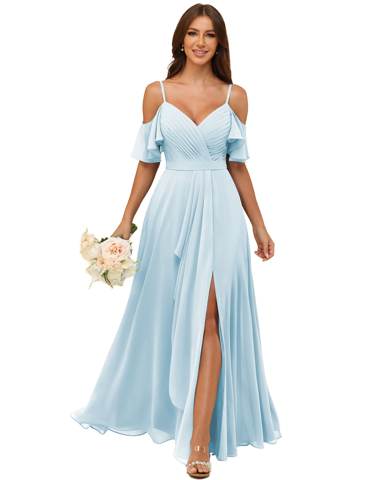 A-line V-neck Spaghetti Straps Chiffon Silt Bridesmaid Dress #BM2507214