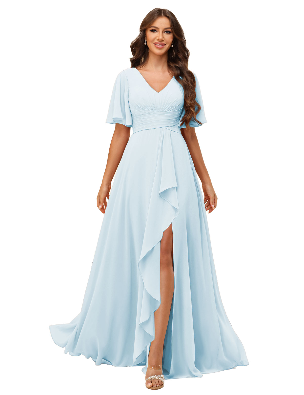 A-line V-neck Short Sleeves Chiffon Silt Bridesmaid Dress #BM2507137