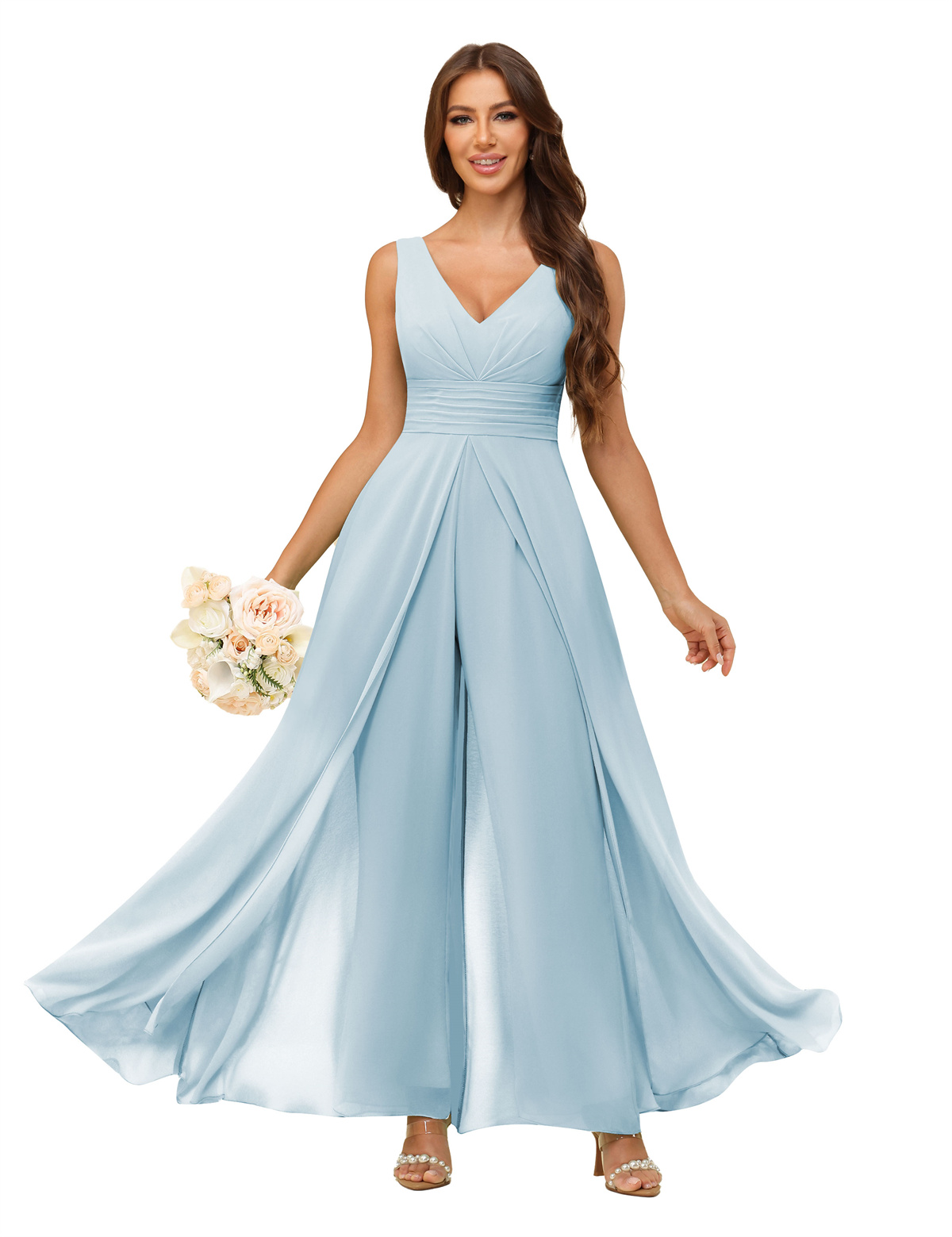 A-line V-neck Chiffon Straps V-back Bridesmaid Dress #PR2507216