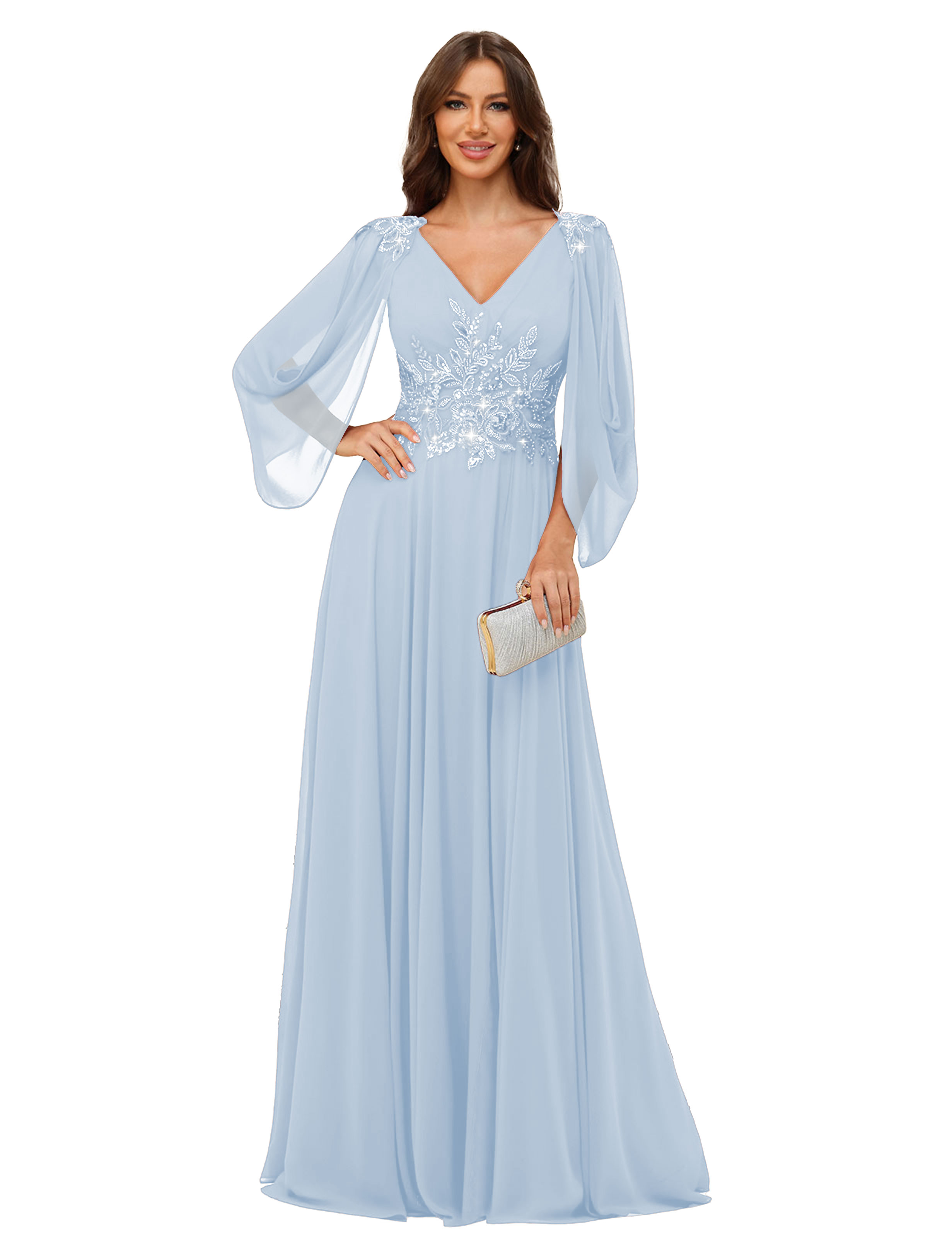 A-line V-neck Chiffon V-back Long Sleeves Mother of The Bride Dress #BM2501034