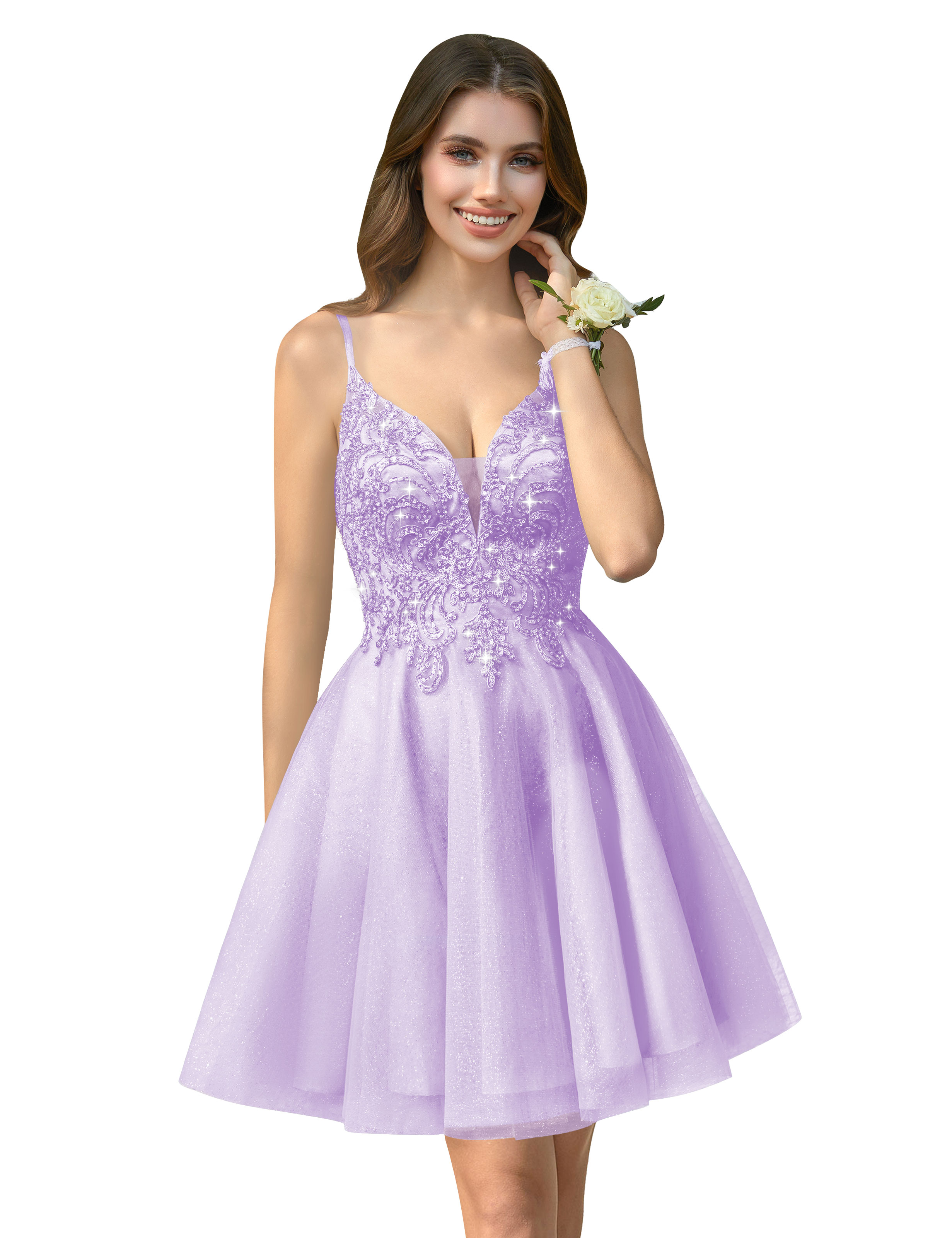 A-line V-neck Spaghetti Strap Sparkly Beaded Tulle Homecoming Dress #HC2401940
