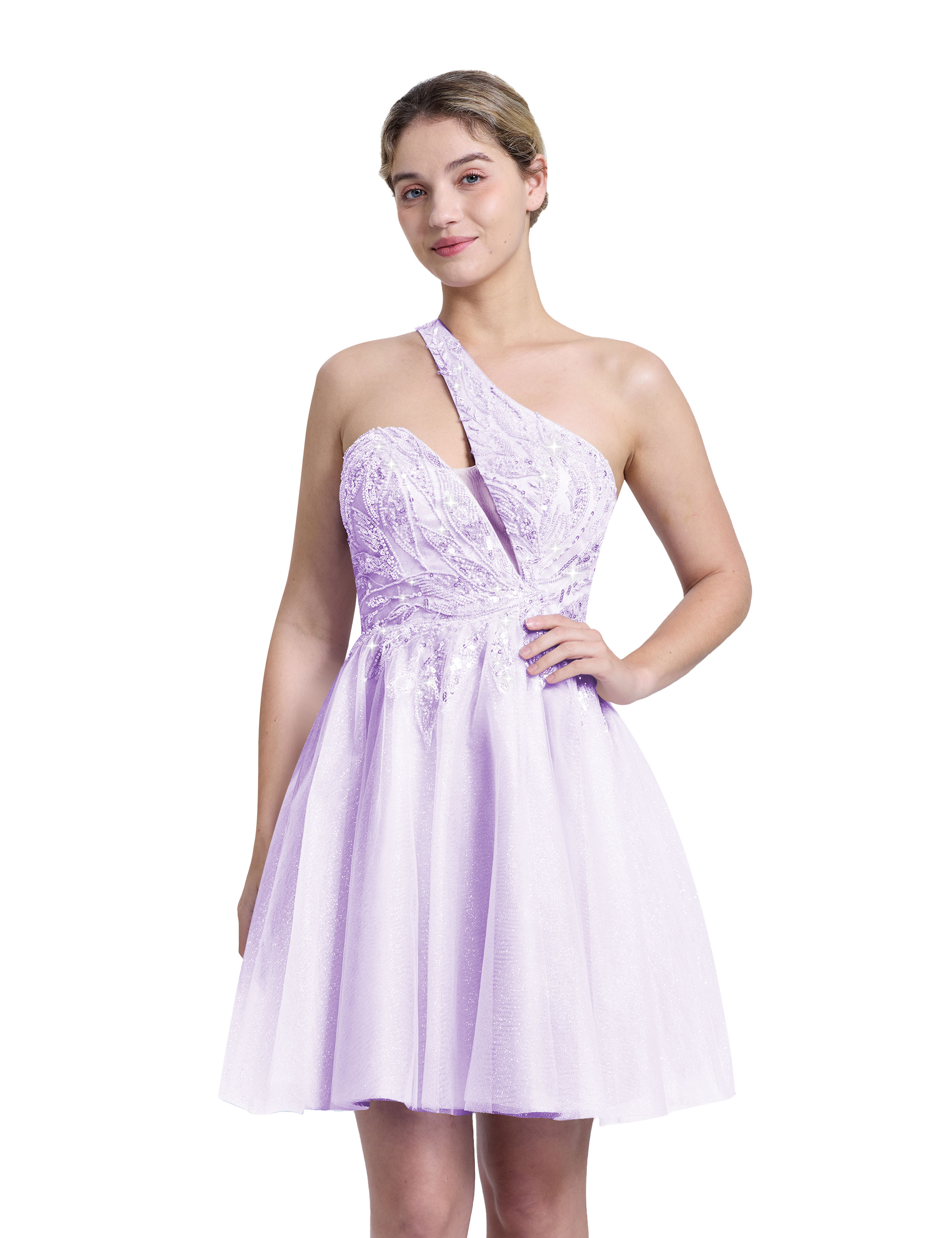 A-line One Shoulder Sequin Lace Beaded Cocktail Party Homecoming Dress #HC2604029