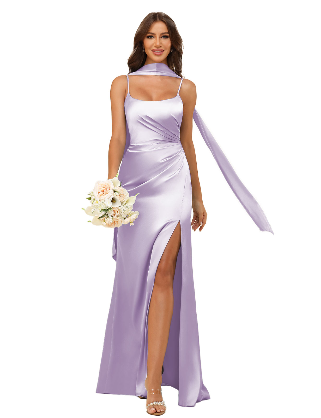 Mermaid U-neck Spaghetti Straps Satin Silt Bridesmaid Dress #BM2507145