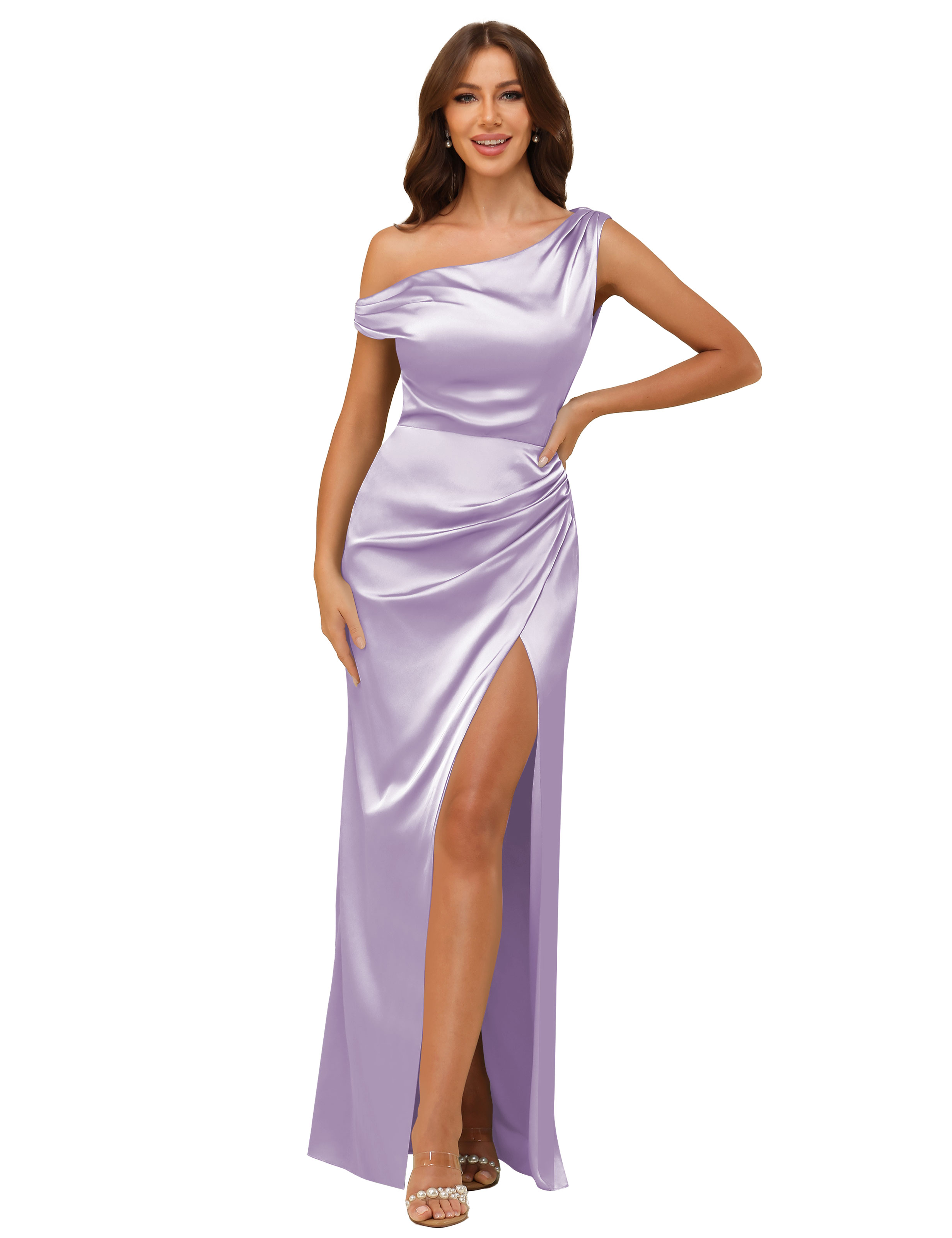 Sheath One Shoulder Satin Silt Side Zip Bridesmaid Dress #BM2507059