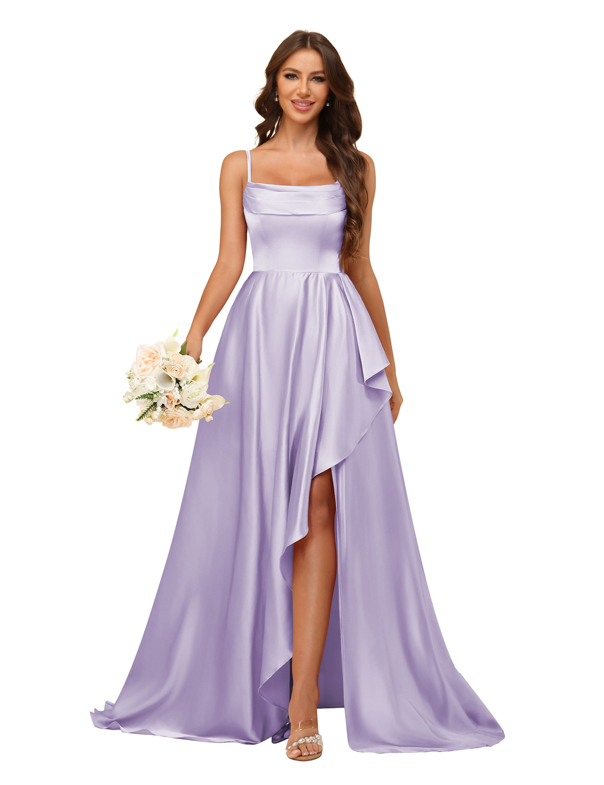 A-line U-neck Spaghetti Straps Satin Silt Bridesmaid Dress #BM2507213