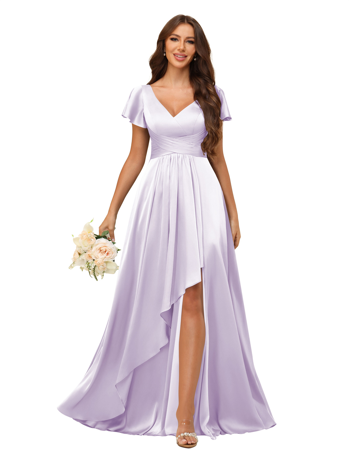 A-line V-neck Short Sleeves Satin Silt Bridesmaid Dress #BM2508022