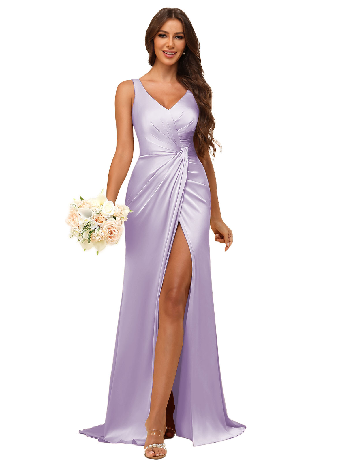 Mermaid V-neck Straps Satin Silt Bridesmaid Dress #BM2507144