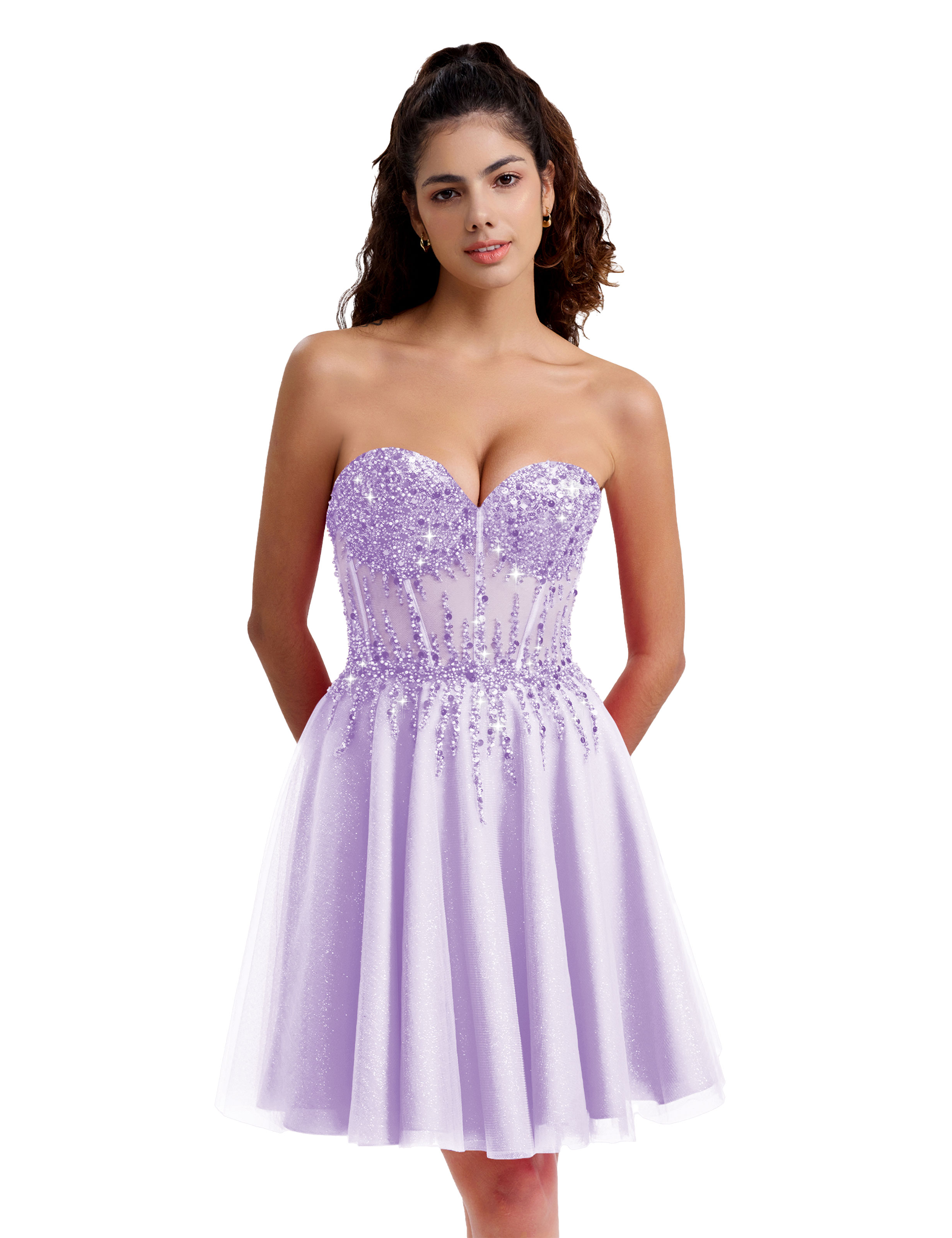 Sparkly A-line Sweetheart Tulle Beaded Party Homecoming Dress #HC2402135