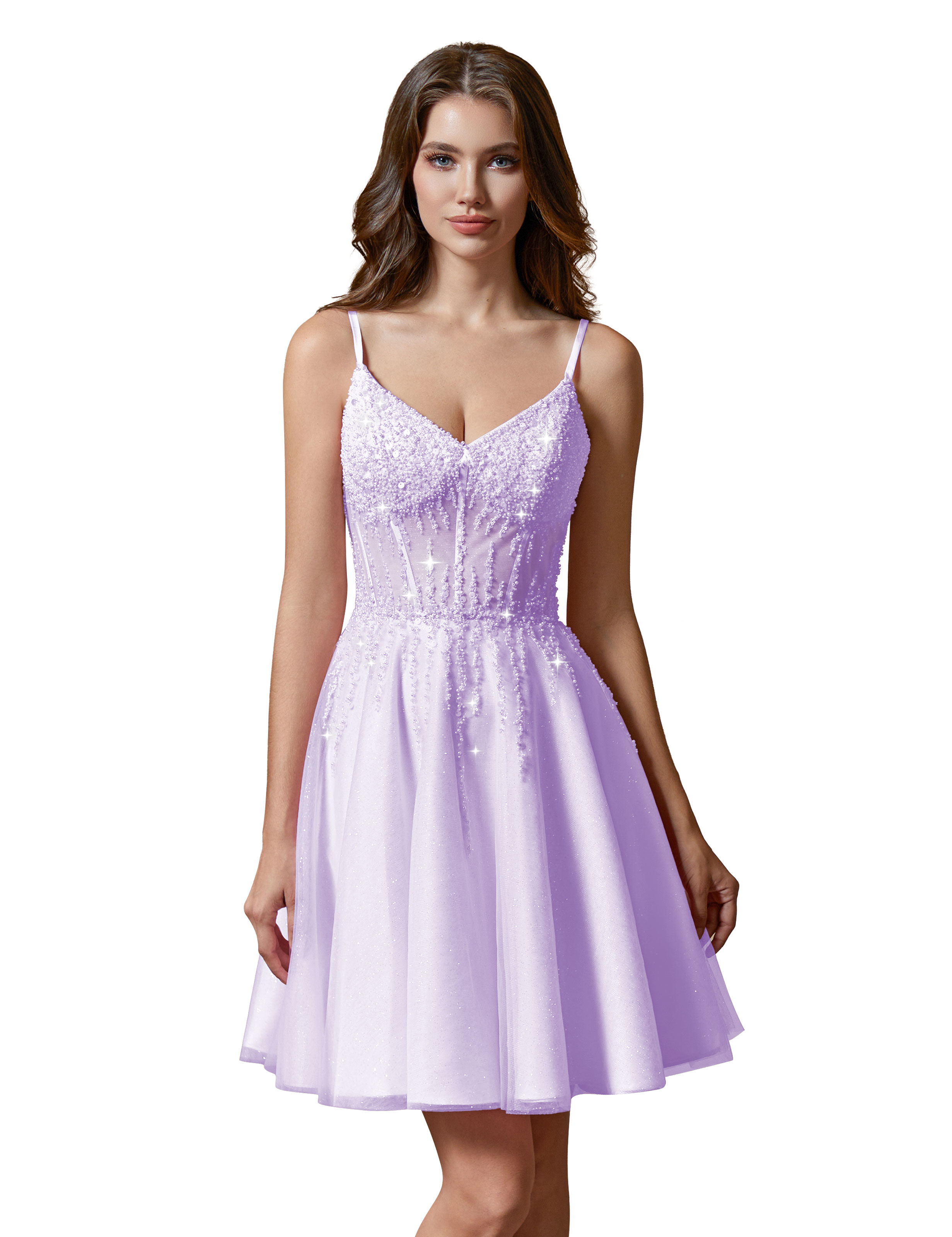 A-line V-Neck Sparkly Tulle Lace Appliques Homecoming Dress #HC2401738
