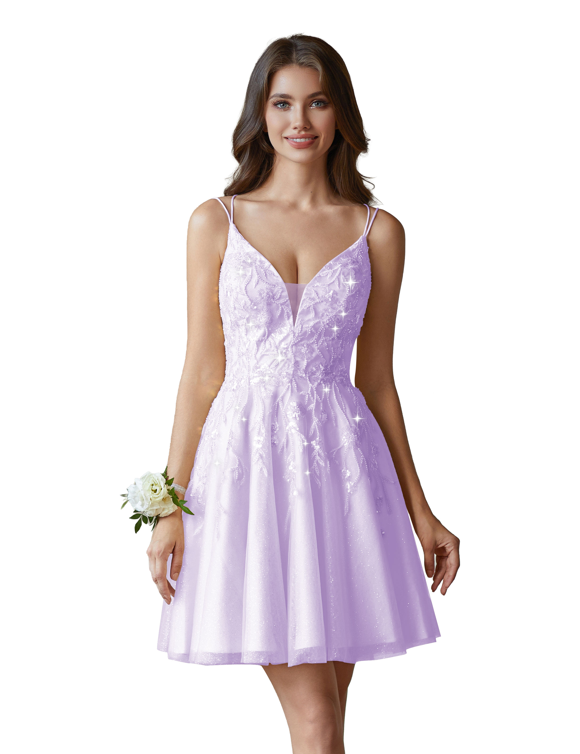 A-line V-Neck Tulle Beaded Lace Appliques Cocktail Homecoming Dress #HC2402602