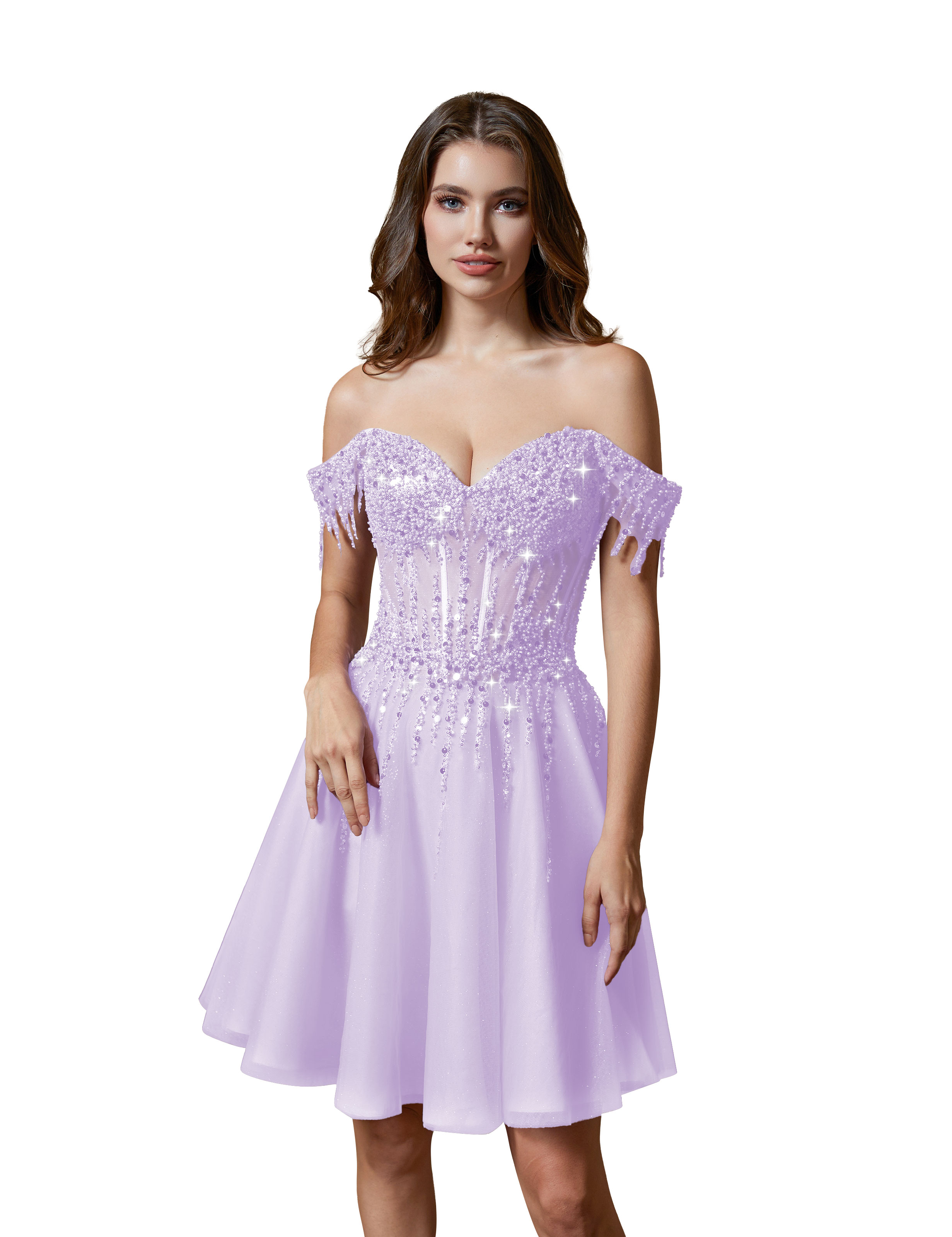 A-line Off Shoulder Lace Appliques Sparkly Sequin Tulle Homecoming Dress #HC2401169