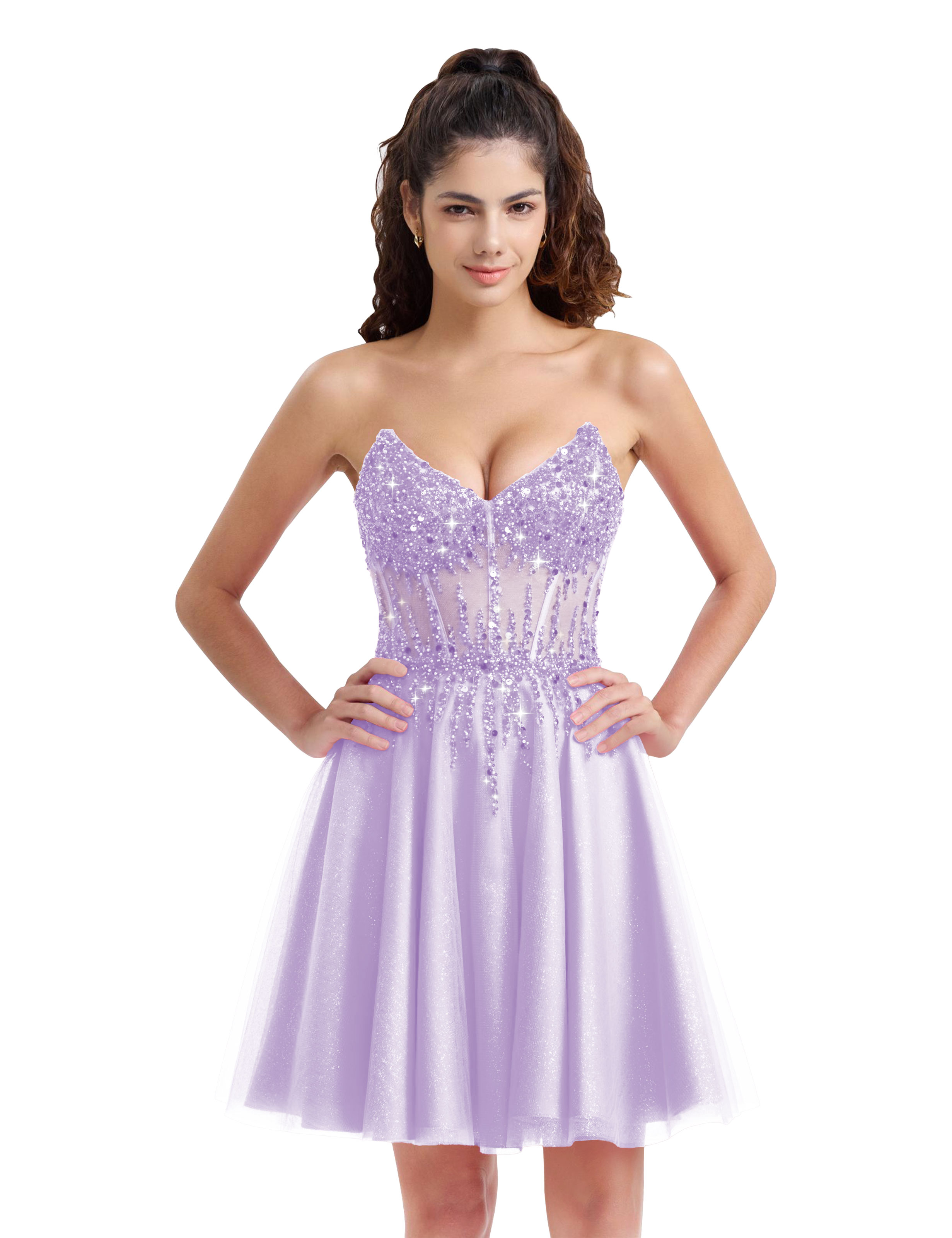 Sparkly A-line V-Neck Tulle Strapless Beaded Homecoming Dress #HC2402127