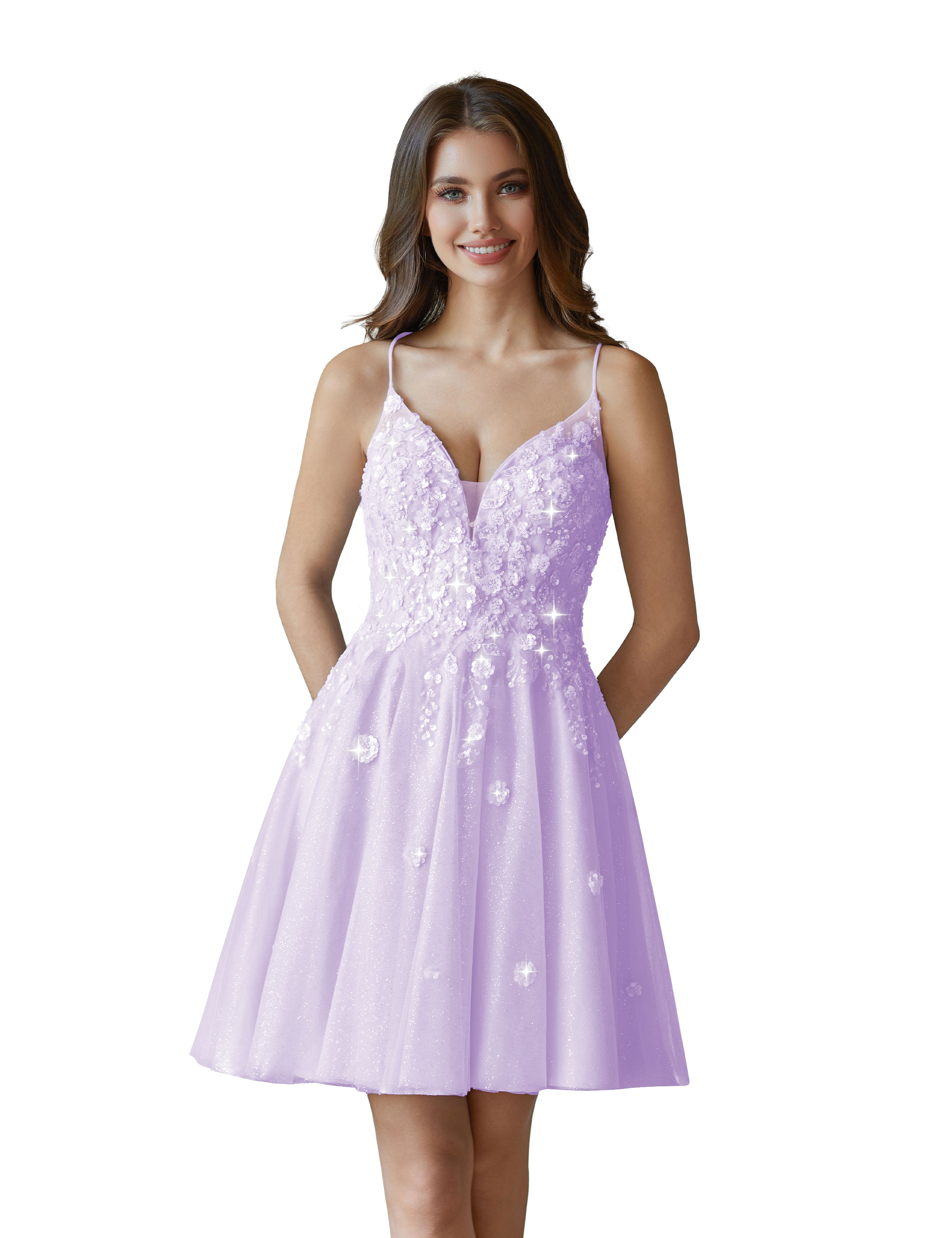 V-Neck Sspaghetti Strap Sparkly Lace Sequin Short Tulle Homecoming Dress #HC2604021