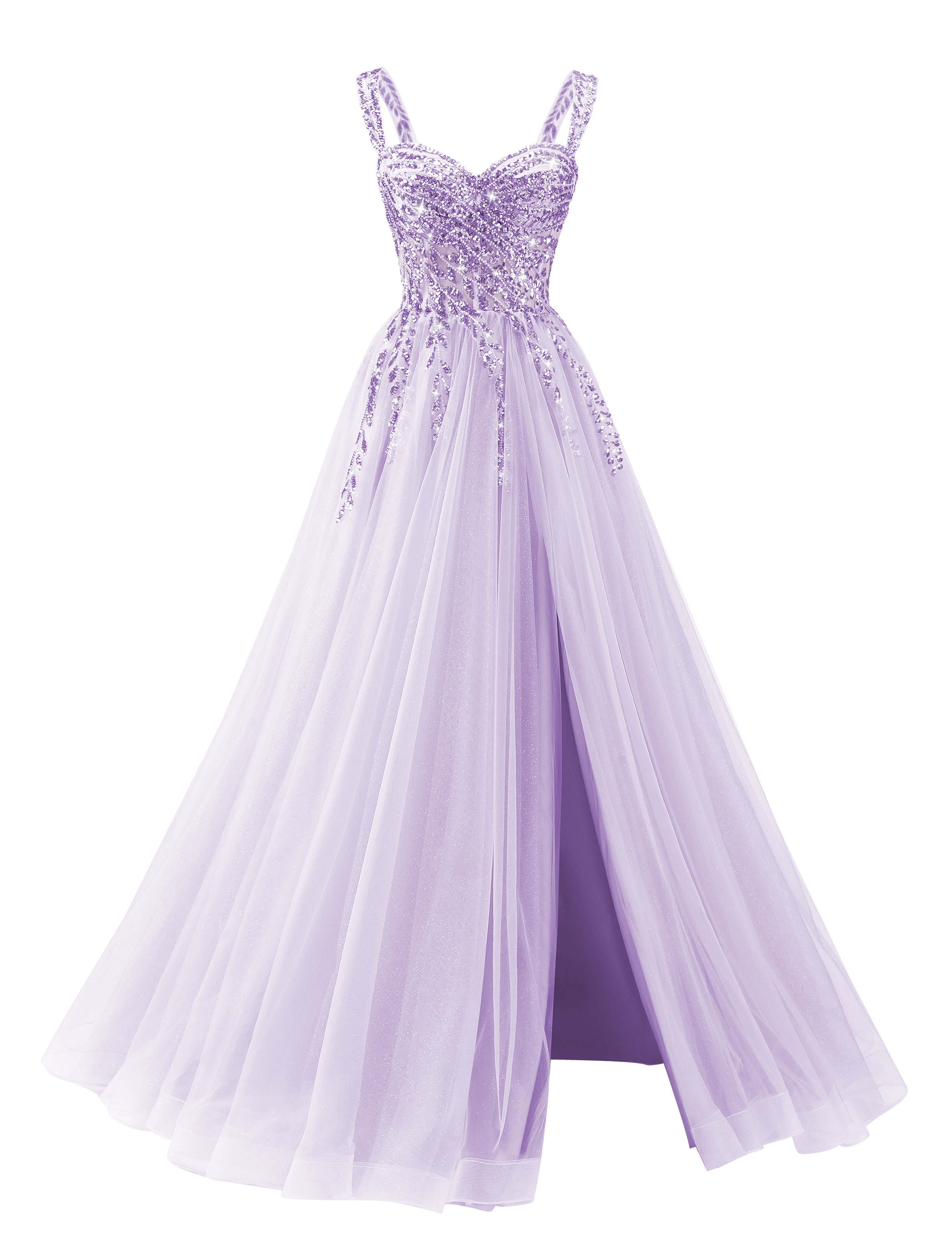 A-line Sweetheart Sparkly Tulle Sequins Beaded Slit Corset Prom Dress #PR2512071